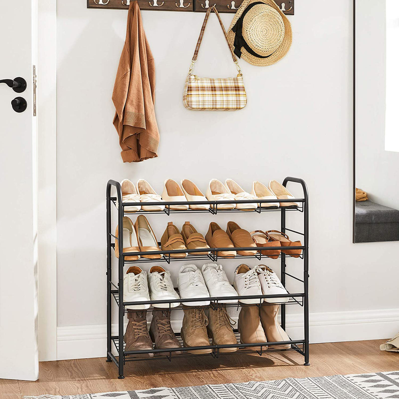 4-Tier Shoe Rack, Stackable Shoe Storage Organiser, Hold up to 16 Pairs, Steel, 68.5 x 27.5 x 65 cm, for High Heels, Trainers, Slippers, in the Entryway, Black - Image 3