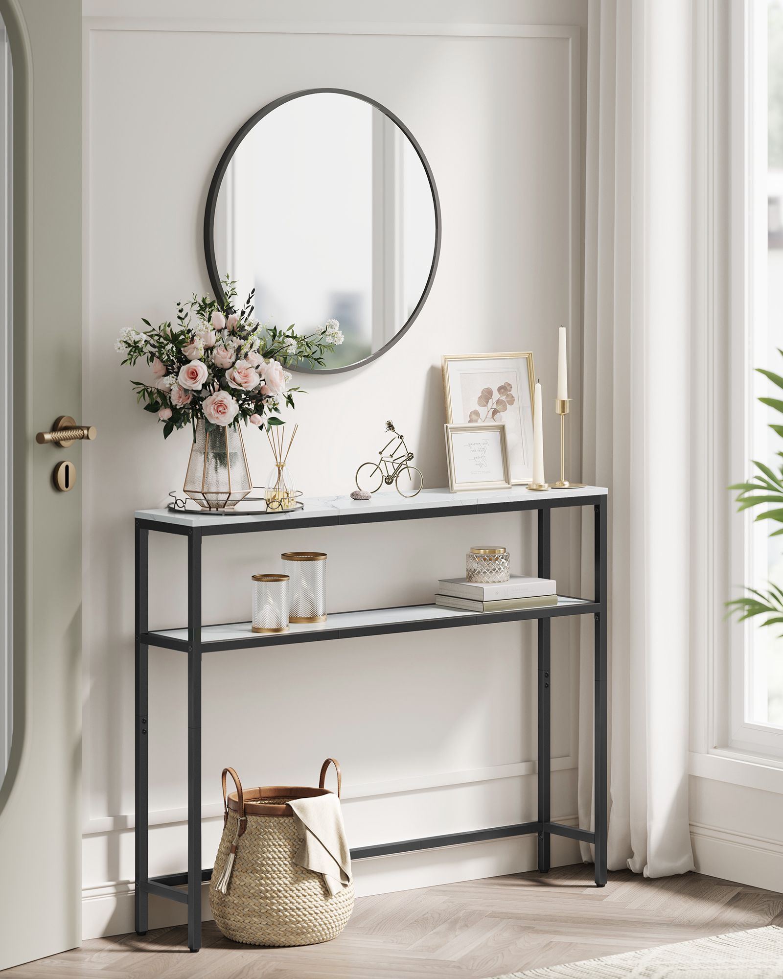 Narrow sofa table with 2 shelves marble white-ink black - Image 2