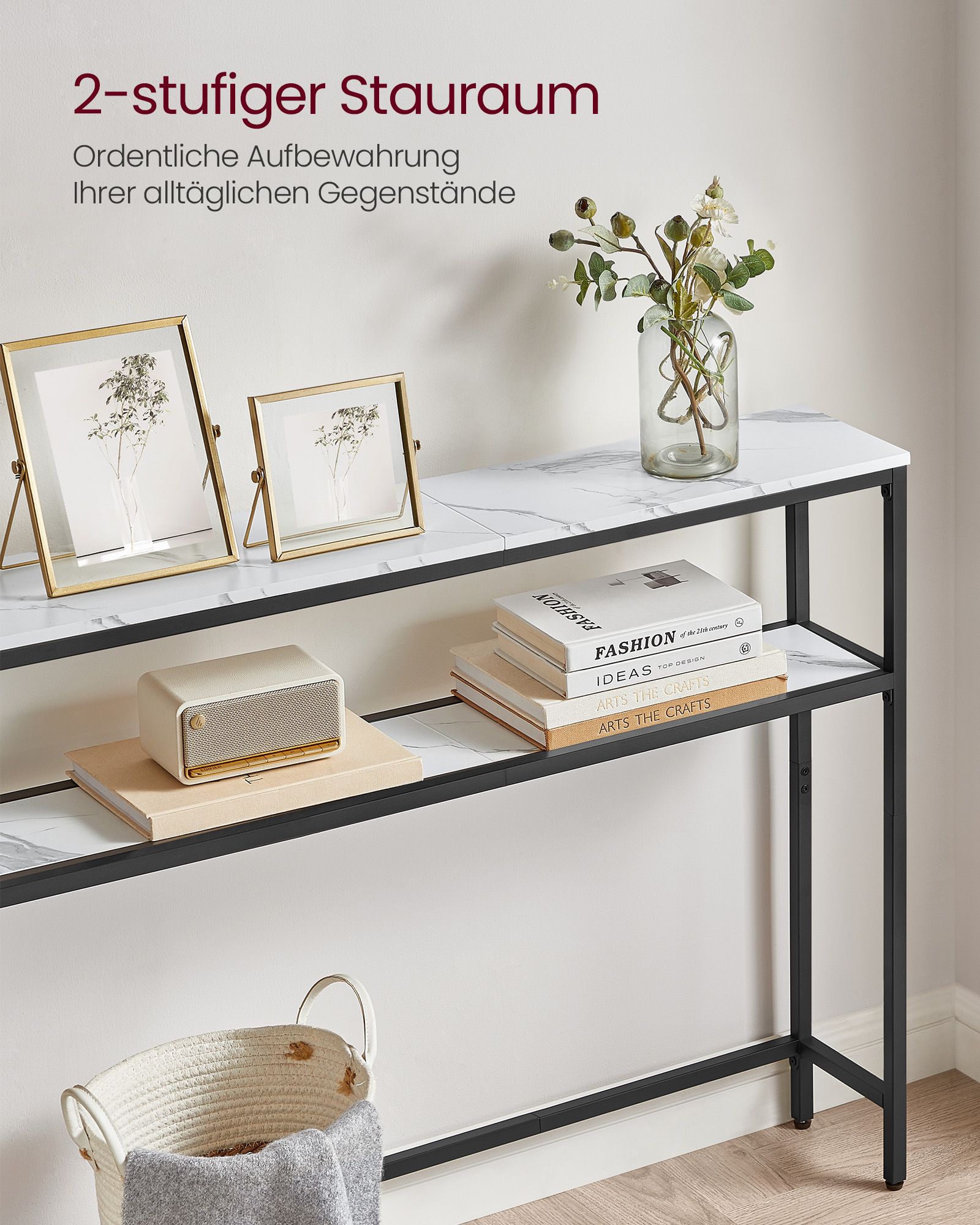 Narrow sofa table with 2 shelves marble white-ink black - Image 3