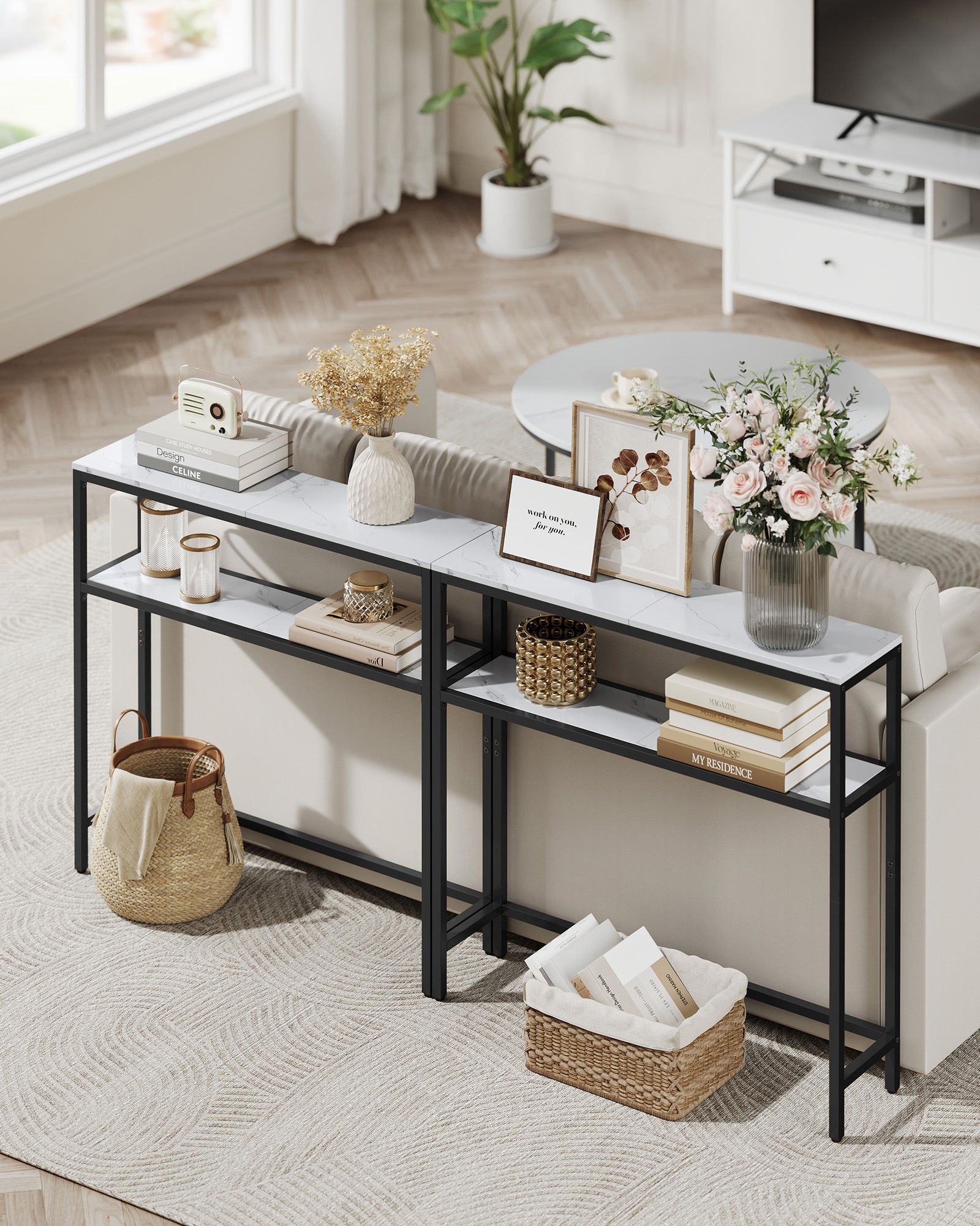 Narrow sofa table with 2 shelves marble white-ink black - Image 4