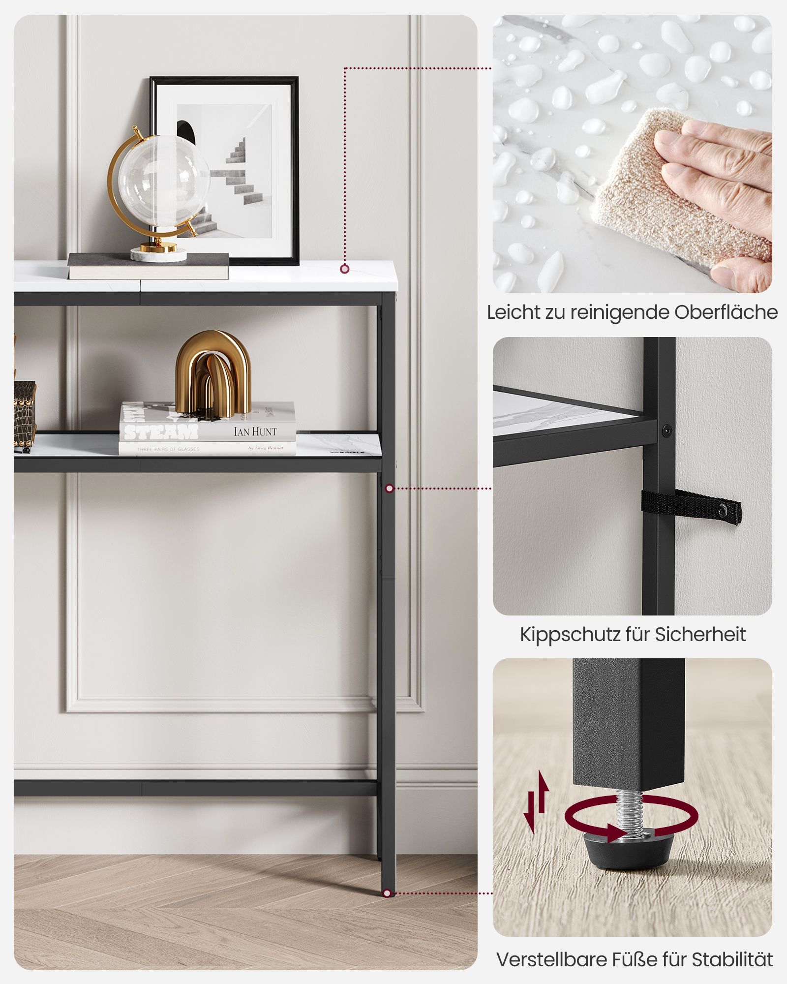 Narrow sofa table with 2 shelves marble white-ink black - Image 6