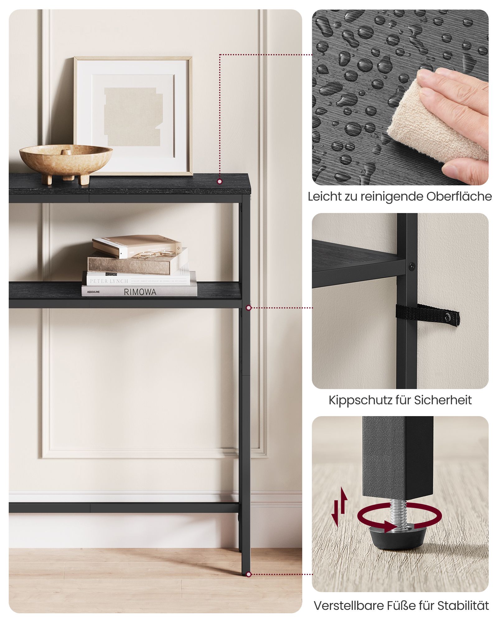 Narrow sofa table with 2 shelves anthracite grey-ink black - Image 6