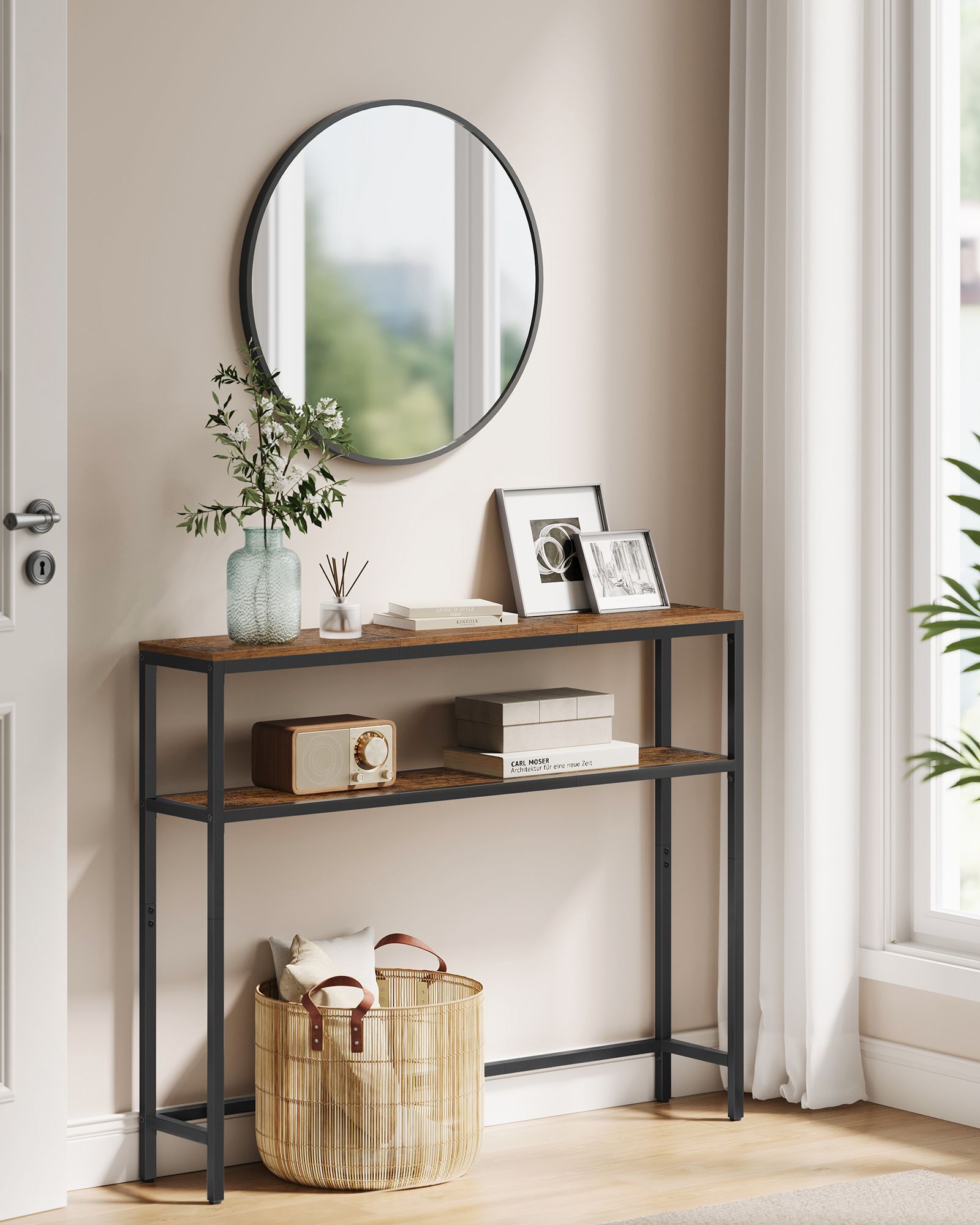 Narrow sofa table with 2 shelves vintage brown-ink black - Image 2