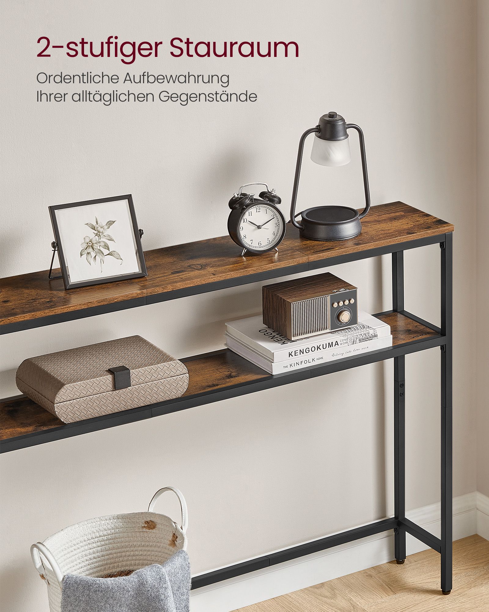 Narrow sofa table with 2 shelves vintage brown-ink black - Image 3