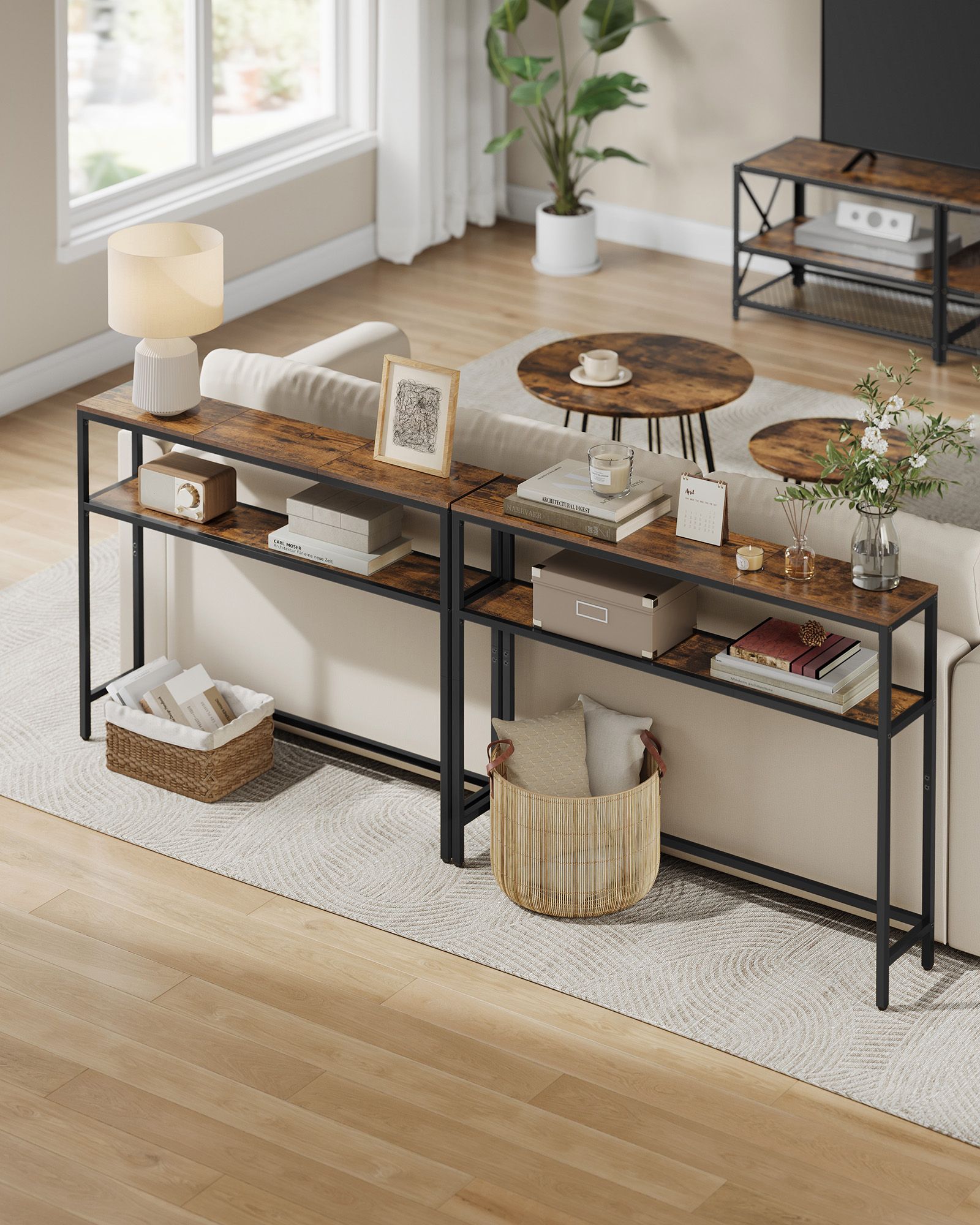 Narrow sofa table with 2 shelves vintage brown-ink black - Image 4