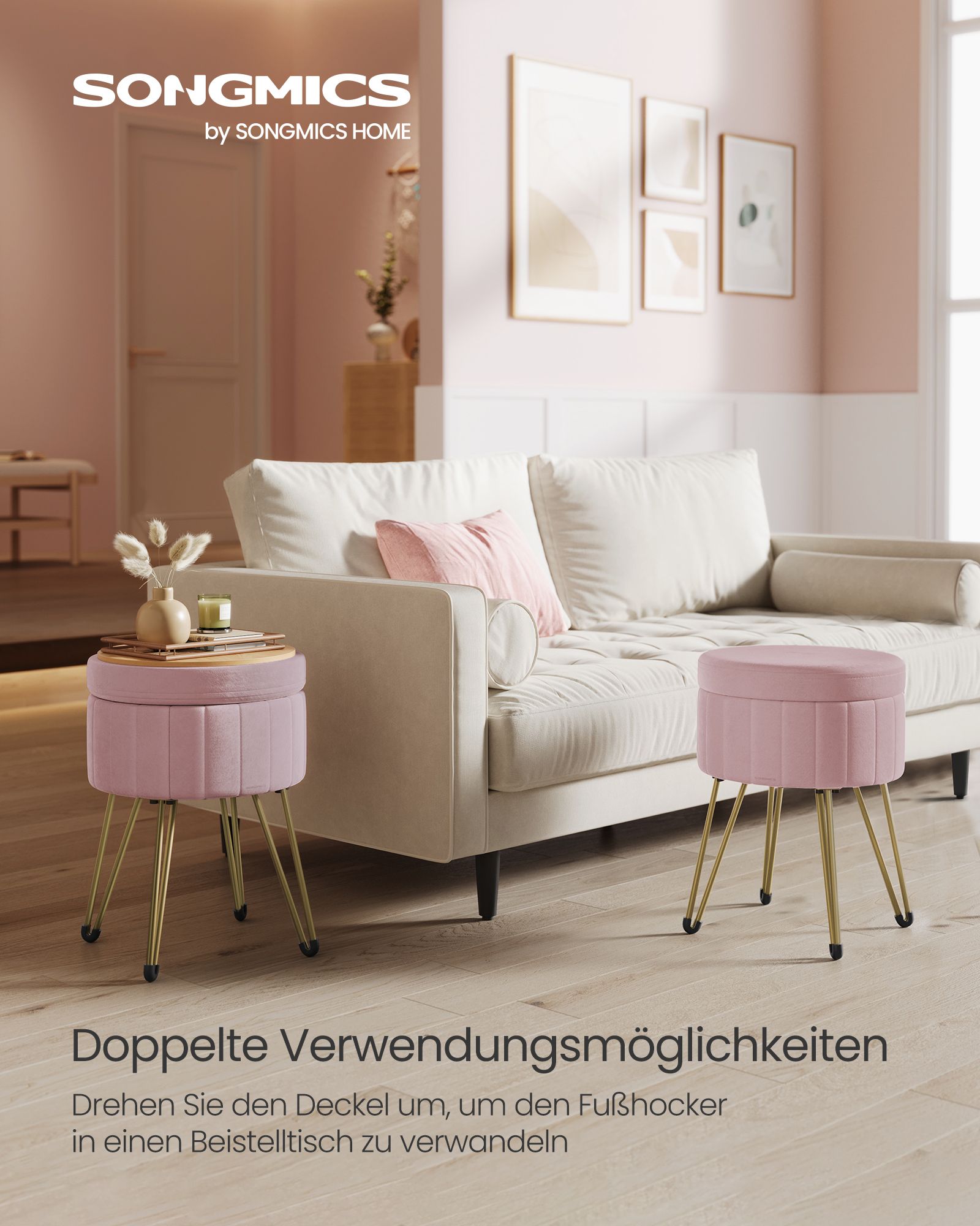 Stool with storage space and 4 metal legs pastel pink - Image 2