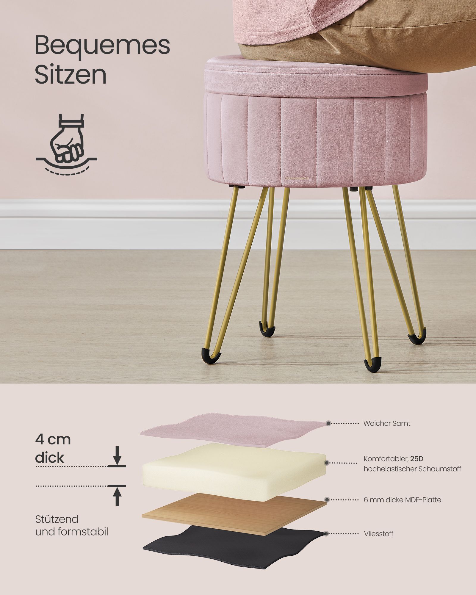 Stool with storage space and 4 metal legs pastel pink - Image 3
