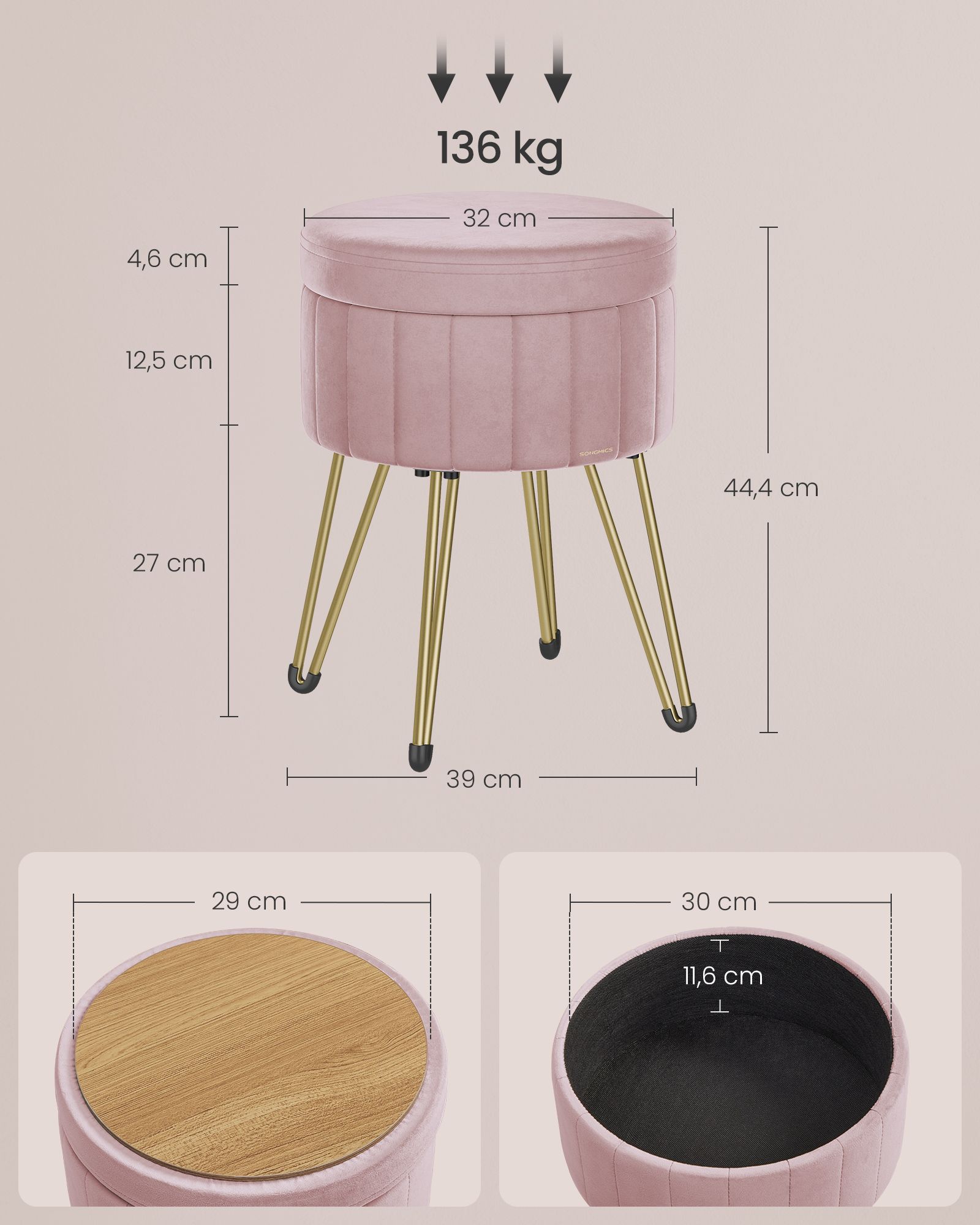 Stool with storage space and 4 metal legs pastel pink - Image 4
