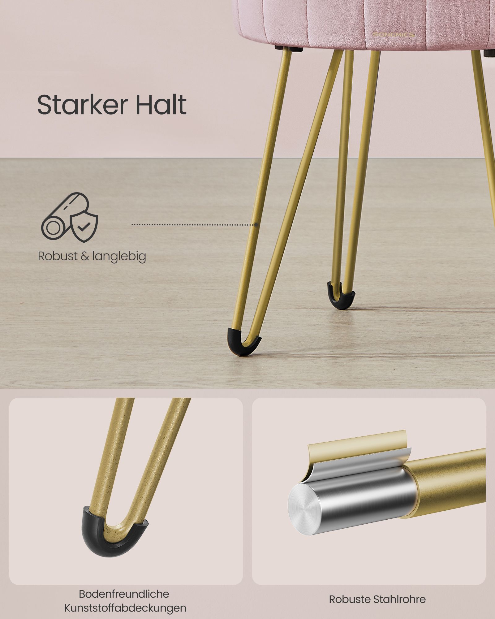 Stool with storage space and 4 metal legs pastel pink - Image 5