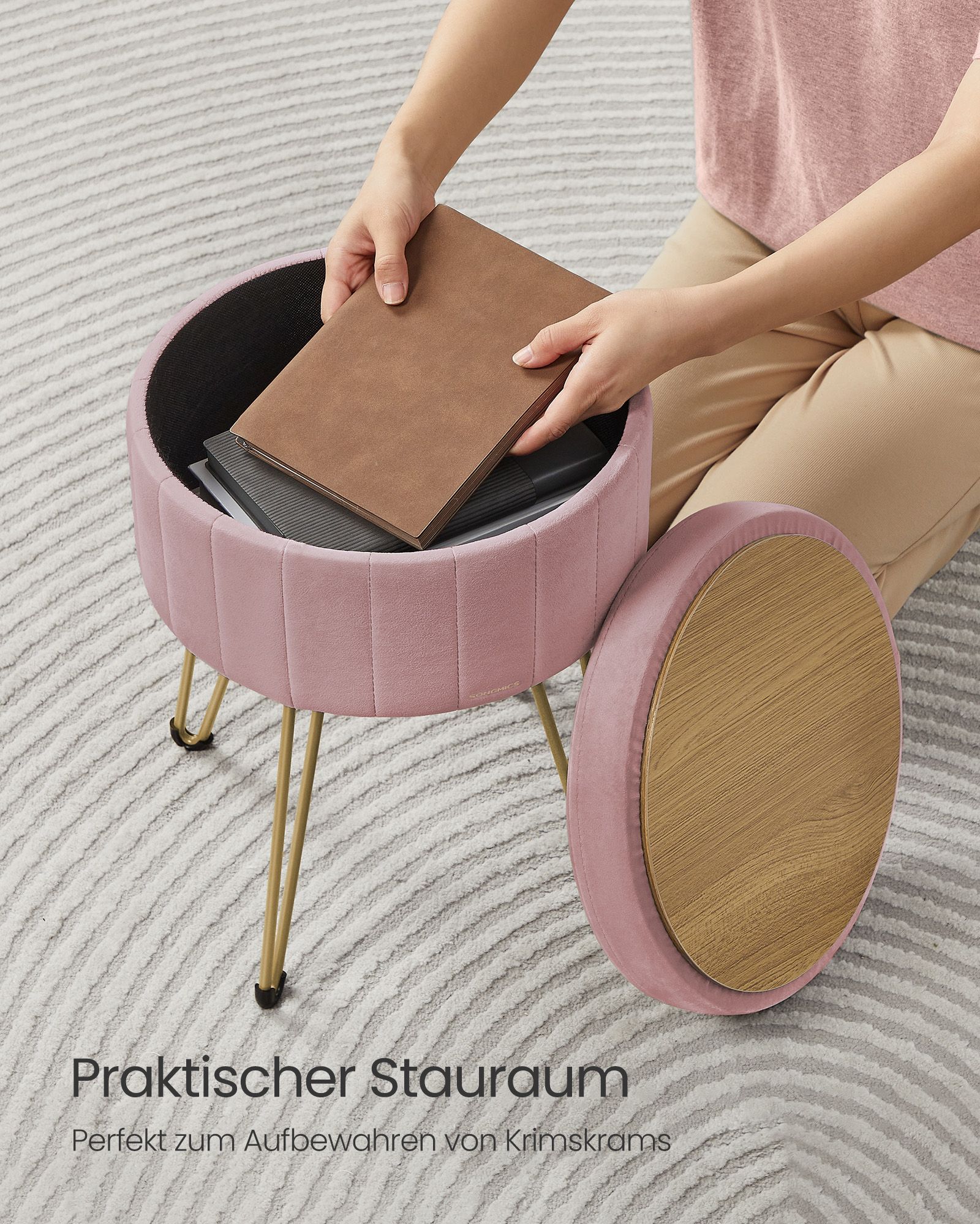 Stool with storage space and 4 metal legs pastel pink - Image 6