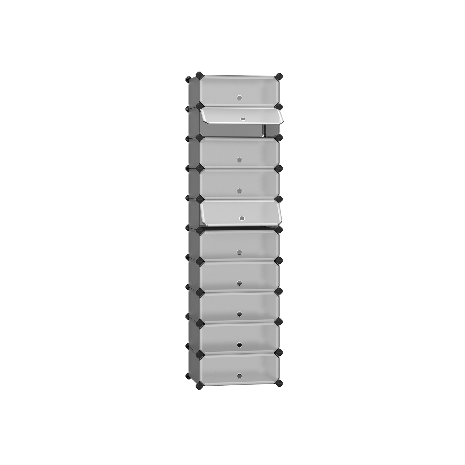 Interlocking Shoe Rack, Rectangular Storage Organiser, 10 Slot Modular DIY Storage Shelf Unit, 40 x 30 x 17 cm for Each Slot, Plastic Wardrobe with Doors, Grey
