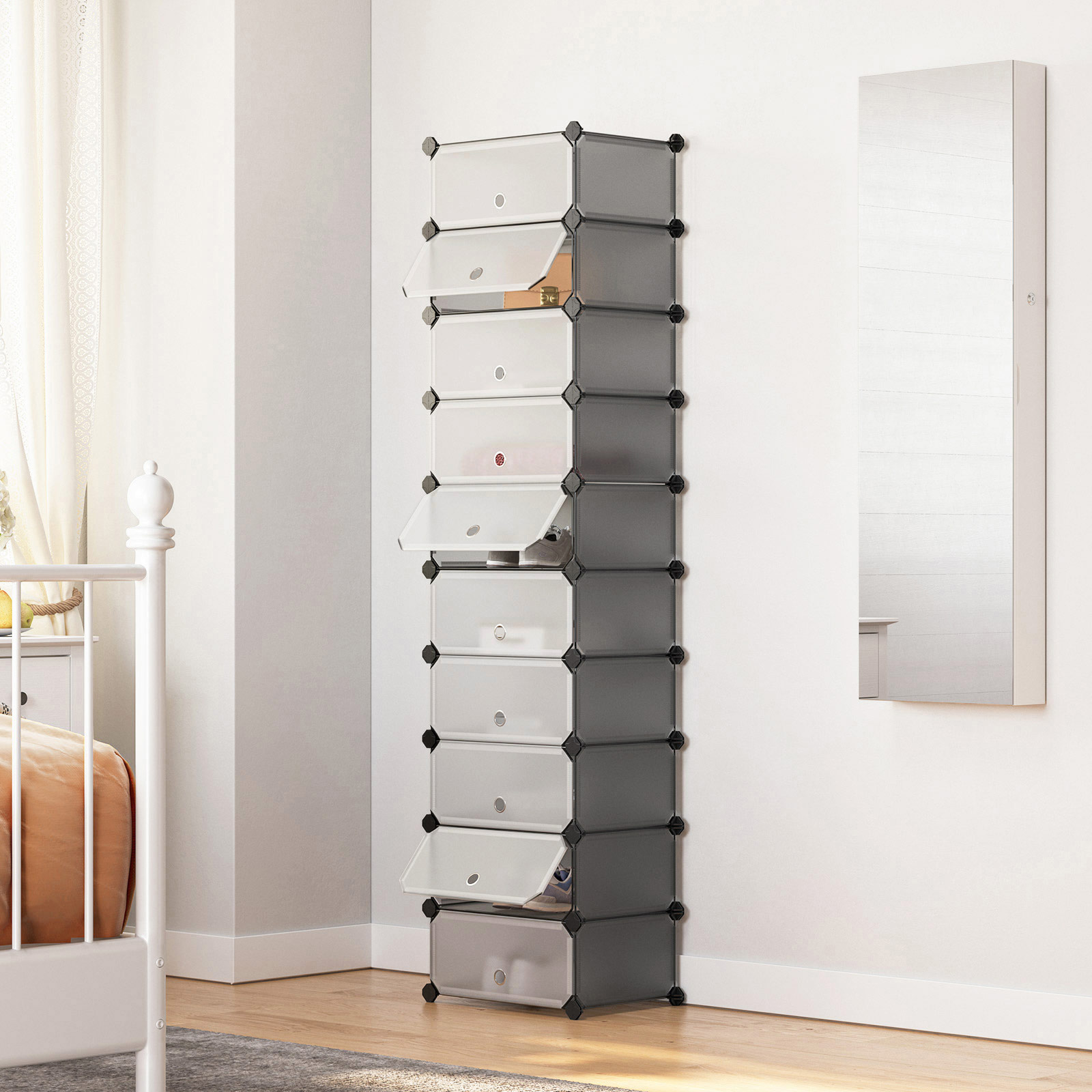 Interlocking Shoe Rack, Rectangular Storage Organiser, 10 Slot Modular DIY Storage Shelf Unit, 40 x 30 x 17 cm for Each Slot, Plastic Wardrobe with Doors, Grey - Image 3