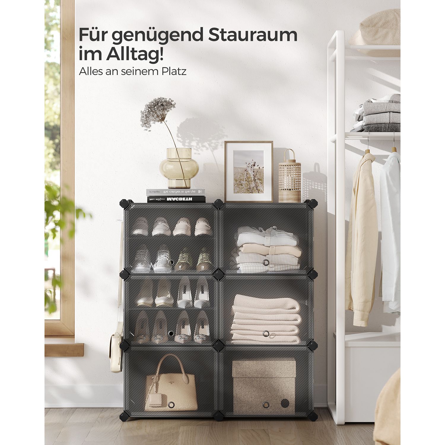 Sammenlåsende skoreol, plastskab til opbevaring af sko, modulær opbevaringsenhed med 6 pladser, 30 x 40 x 30 cm for hver plads, med døre, stålramme, plastpaneler, sort - Billede 3