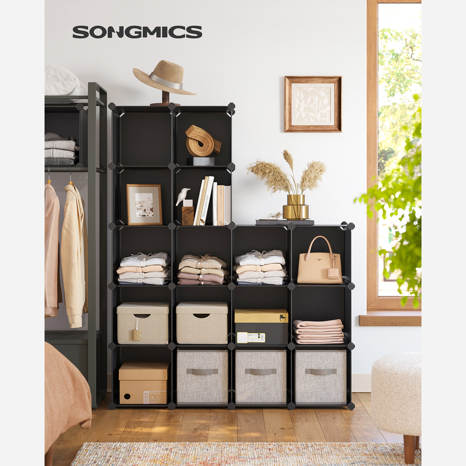 15-Cube Storage Unit, Shoe Rack, DIY Shelving System, Stackable Cubes, PP Plastic Shelf, Wardrobe, Closet Divider, for Bedroom, Office, Black LPC44BK - Image 2