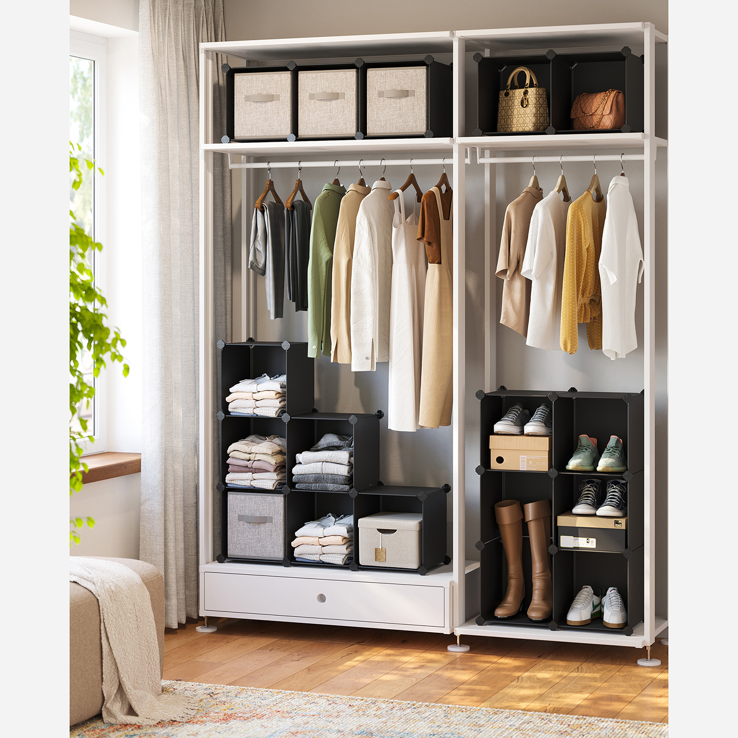 15-Cube Storage Unit, Shoe Rack, DIY Shelving System, Stackable Cubes, PP Plastic Shelf, Wardrobe, Closet Divider, for Bedroom, Office, Black LPC44BK - Image 3