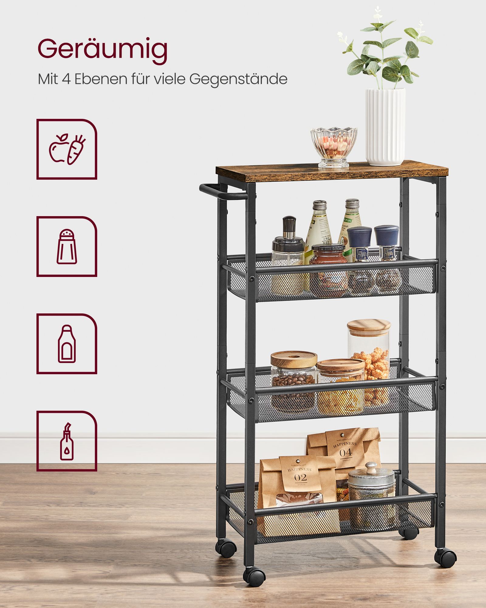 Trolley 4 niveauer på hjul med håndtag vintage brun-sort - Billede 3