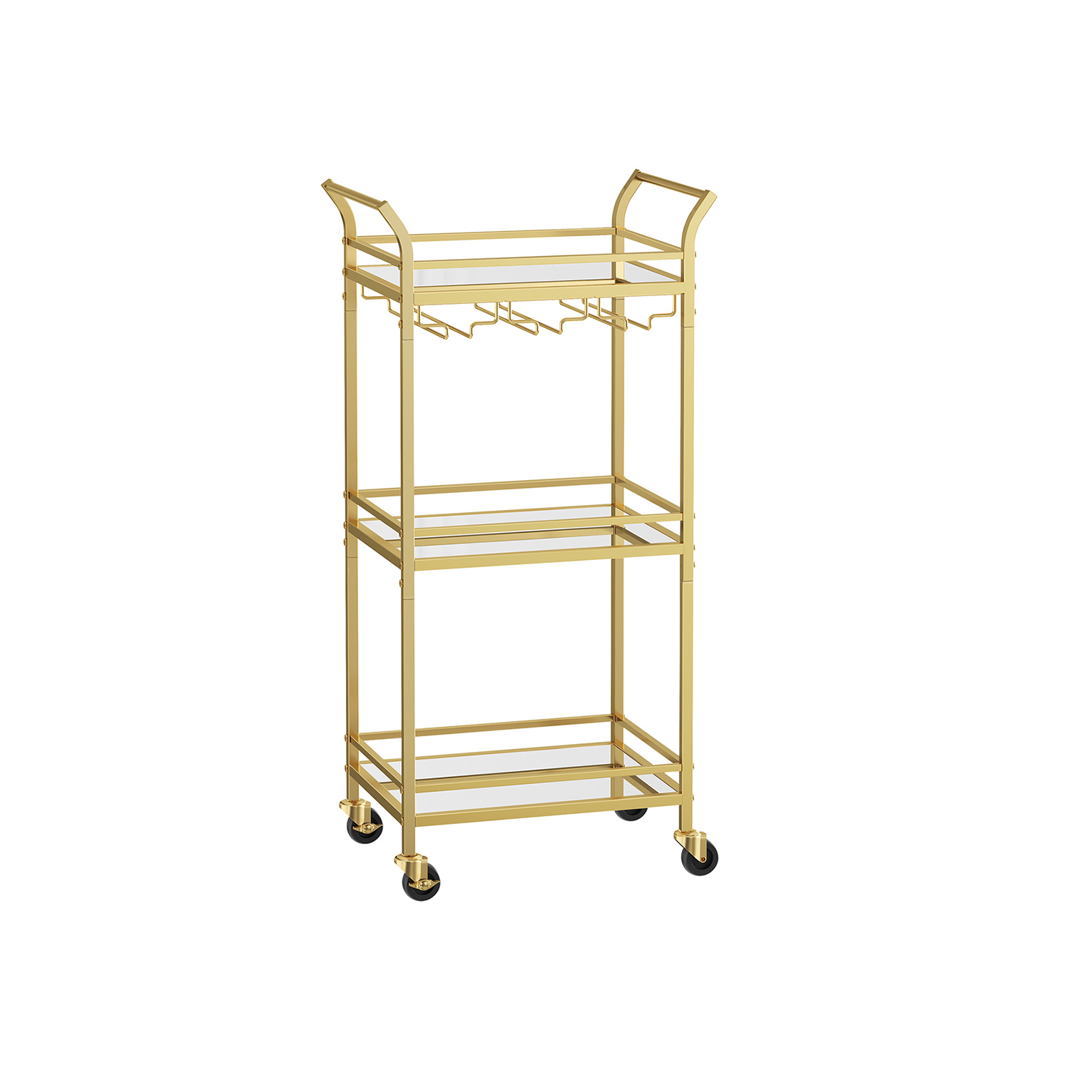 Serving trolley 3 levels with castors gold-coloured