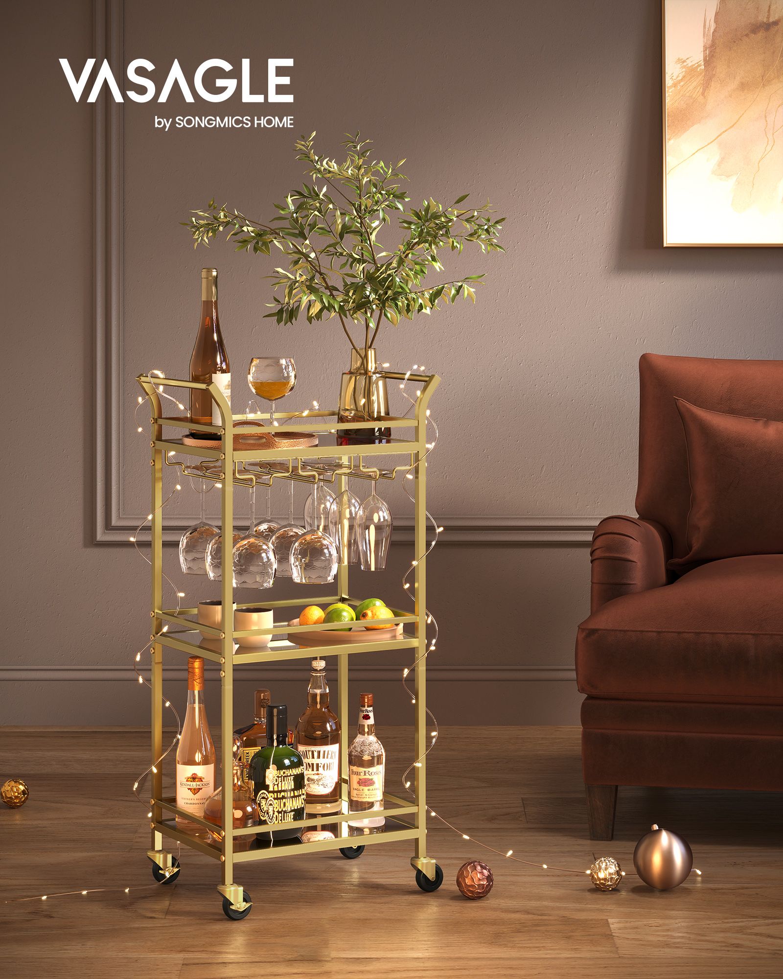 Serving trolley 3 levels with castors gold-coloured - Image 2