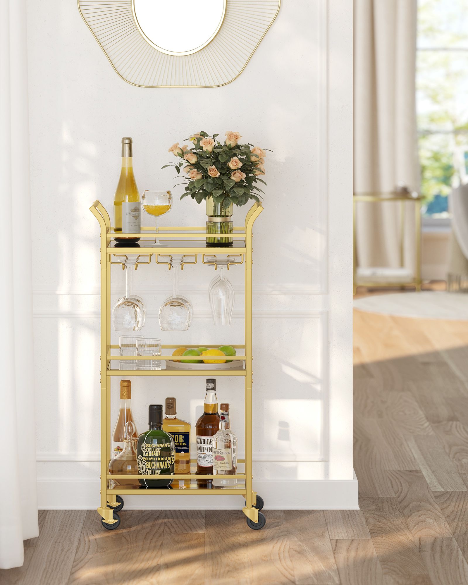 Serving trolley 3 levels with castors gold-coloured - Image 3