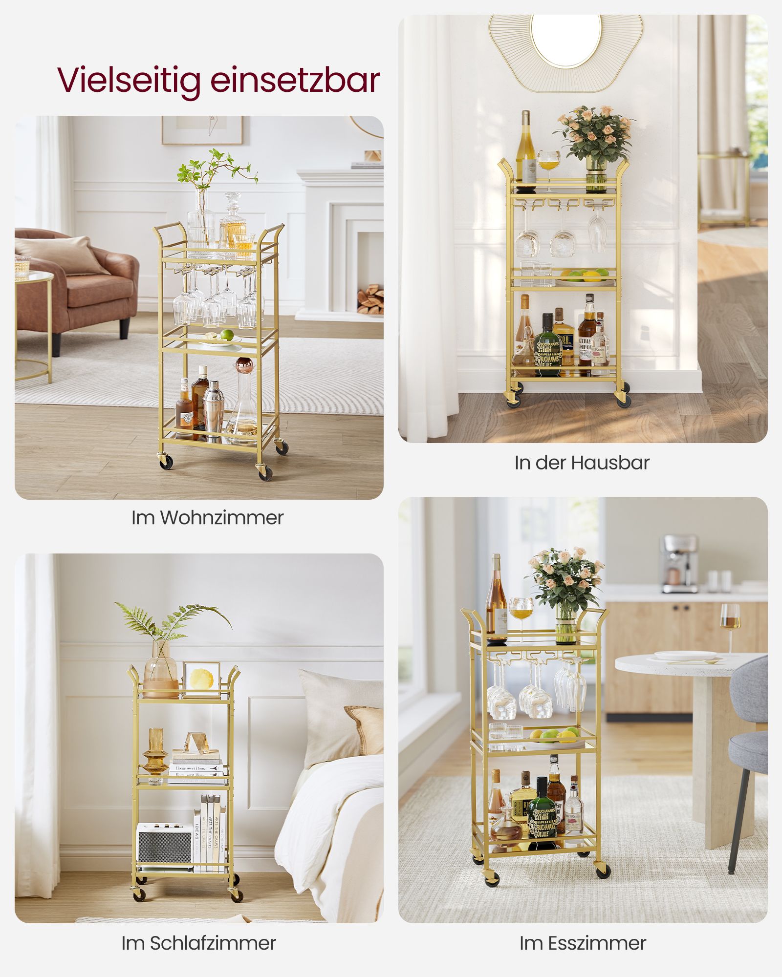 Serving trolley 3 levels with castors gold-coloured - Image 4