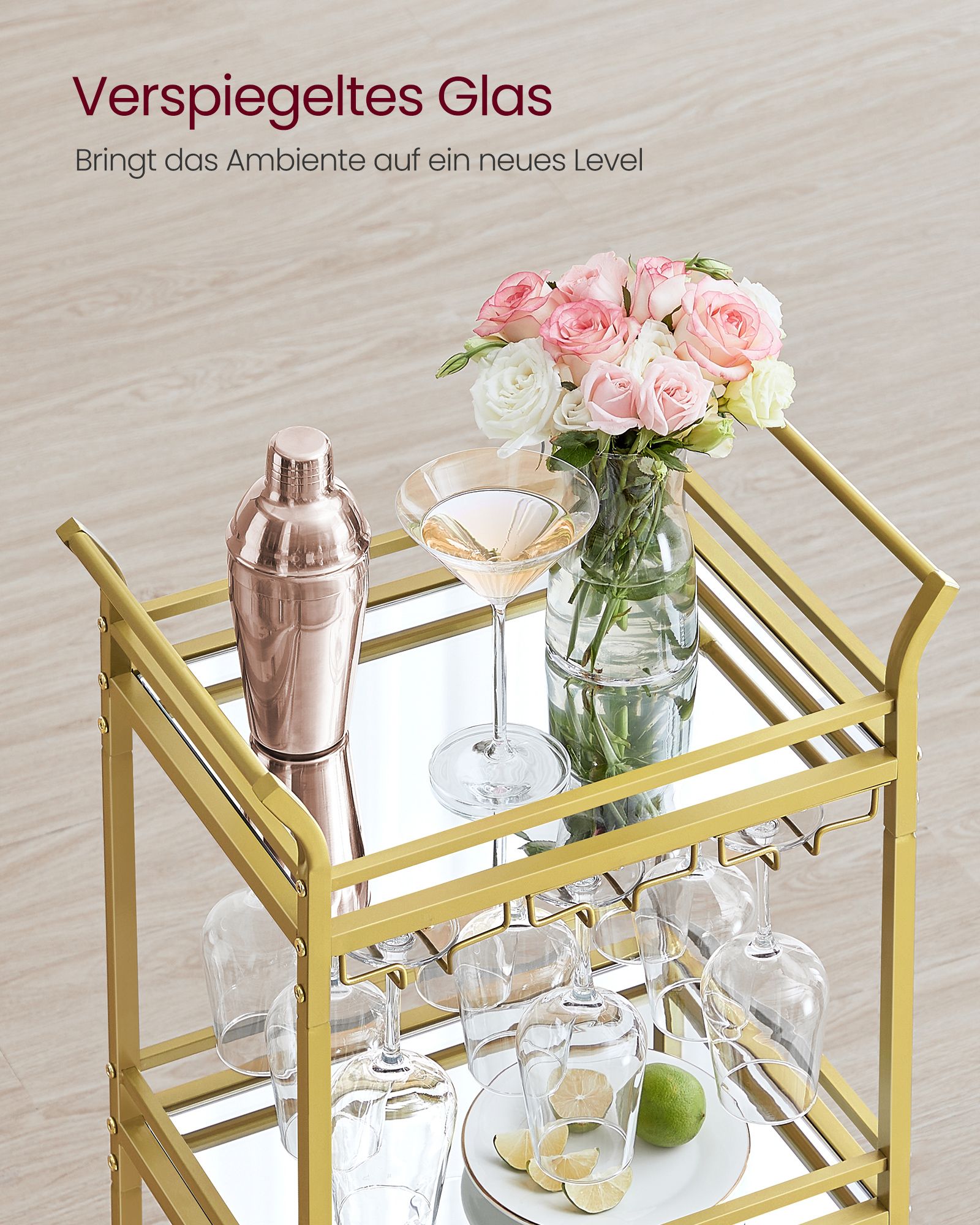 Serving trolley 3 levels with castors gold-coloured - Image 5