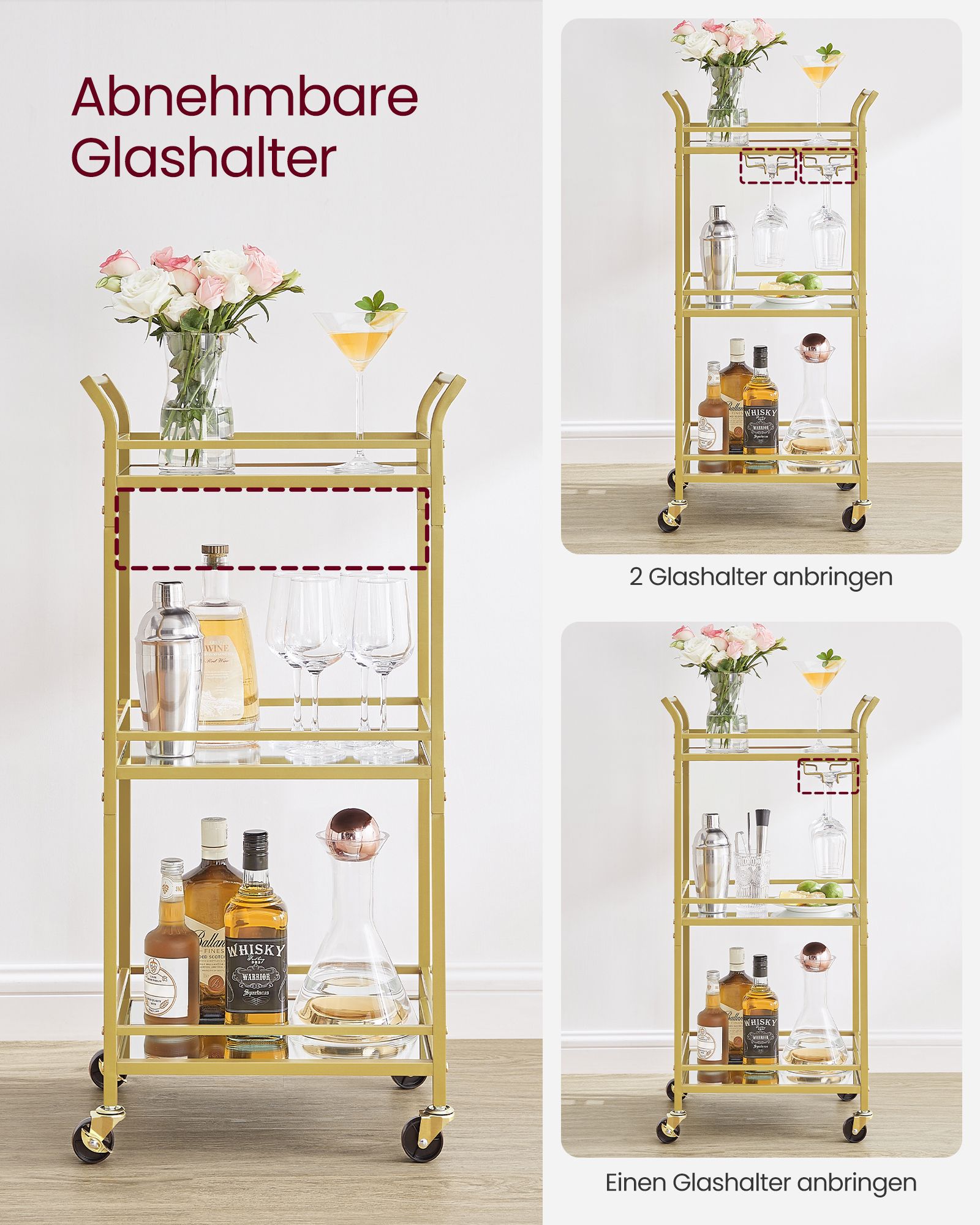 Serving trolley 3 levels with castors gold-coloured - Image 6