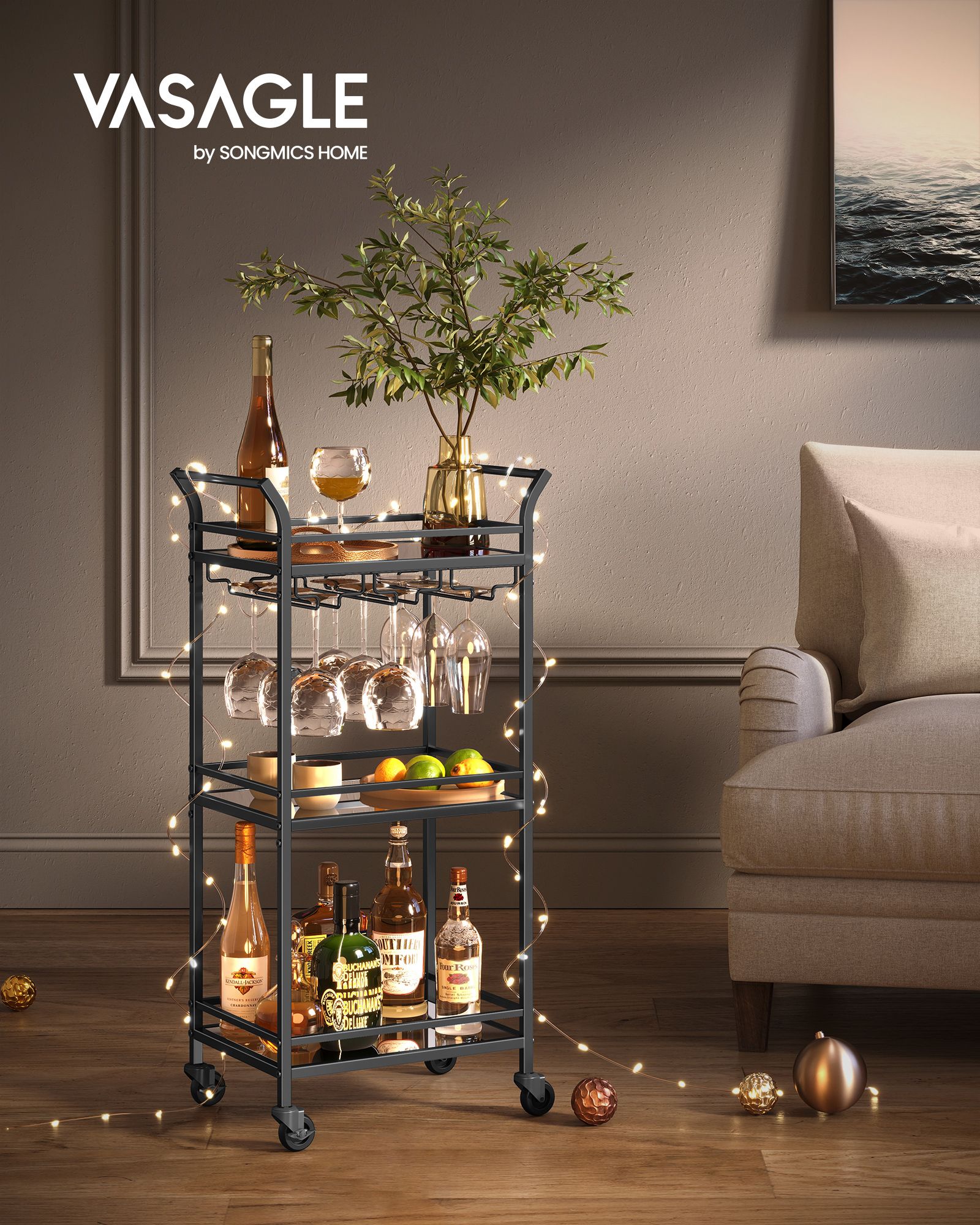 Serving trolley with castors black - Image 2