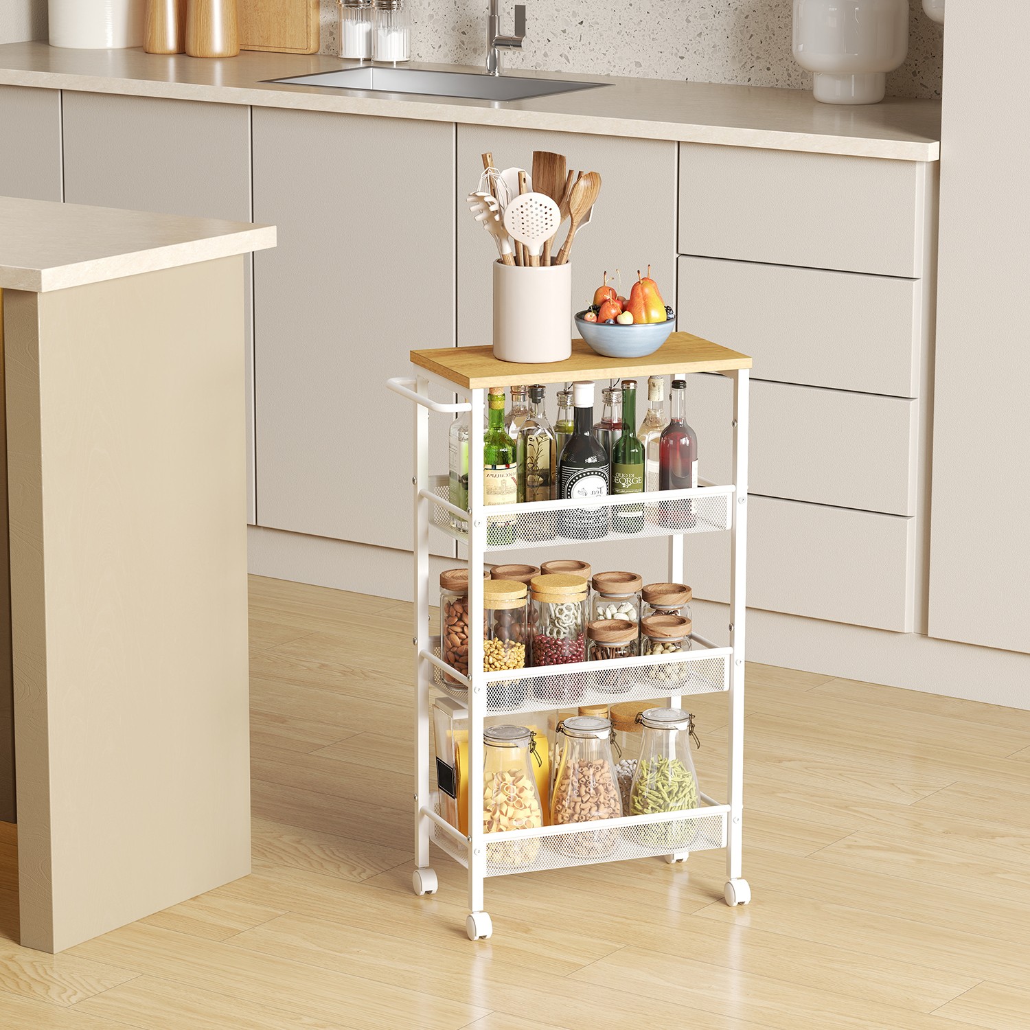Trolley 4 levels, narrow kitchen trolley, niche shelf