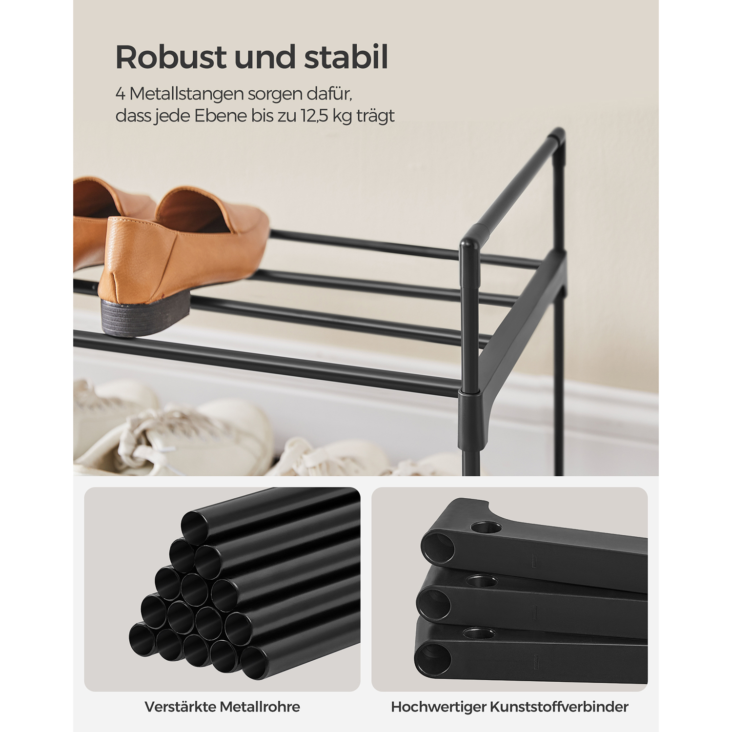 3-Tier Shoe Rack, Shoe Storage Organiser, Metal Storage Rack, Fits 15 to 18 Pairs of Shoes, Stackable Shoe Shelf, for Hallway, Living Room, Bedroom, 116 x 30 x 55 cm, Black LSA033B01 - Image 4