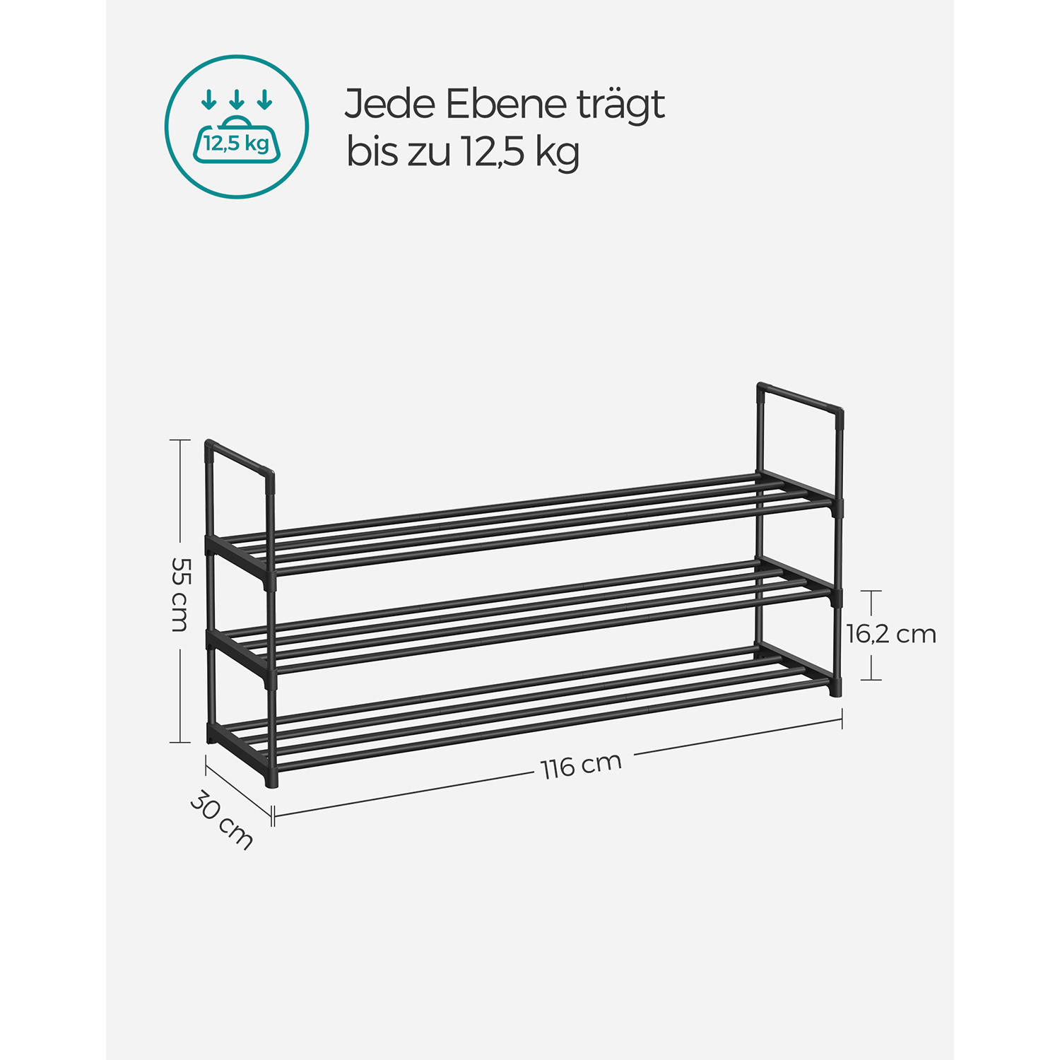 3-Tier Shoe Rack, Shoe Storage Organiser, Metal Storage Rack, Fits 15 to 18 Pairs of Shoes, Stackable Shoe Shelf, for Hallway, Living Room, Bedroom, 116 x 30 x 55 cm, Black LSA033B01 - Image 6
