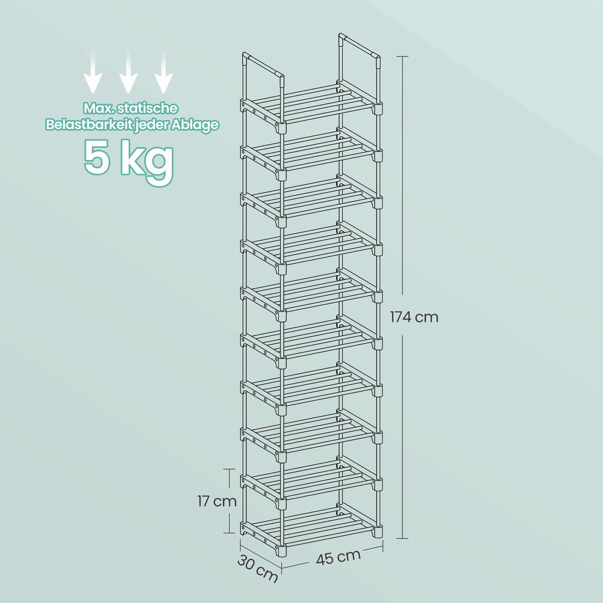 Shoe rack with 10 levels, open shoe cabinet high, shoe rack narrow - Image 5