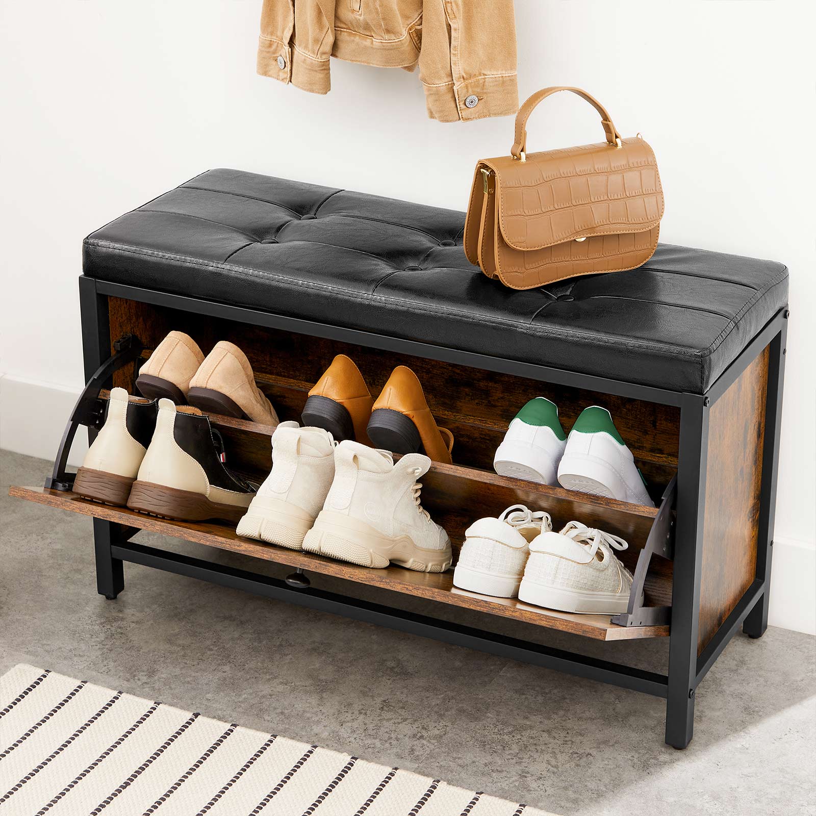 Shoe Bench Padded Shoe Organiser with Flap Shoe Cabinet for 6 Pairs of Shoes Steel Frame Industrial Design Vintage Brown/Black LSB049B01 - Image 3
