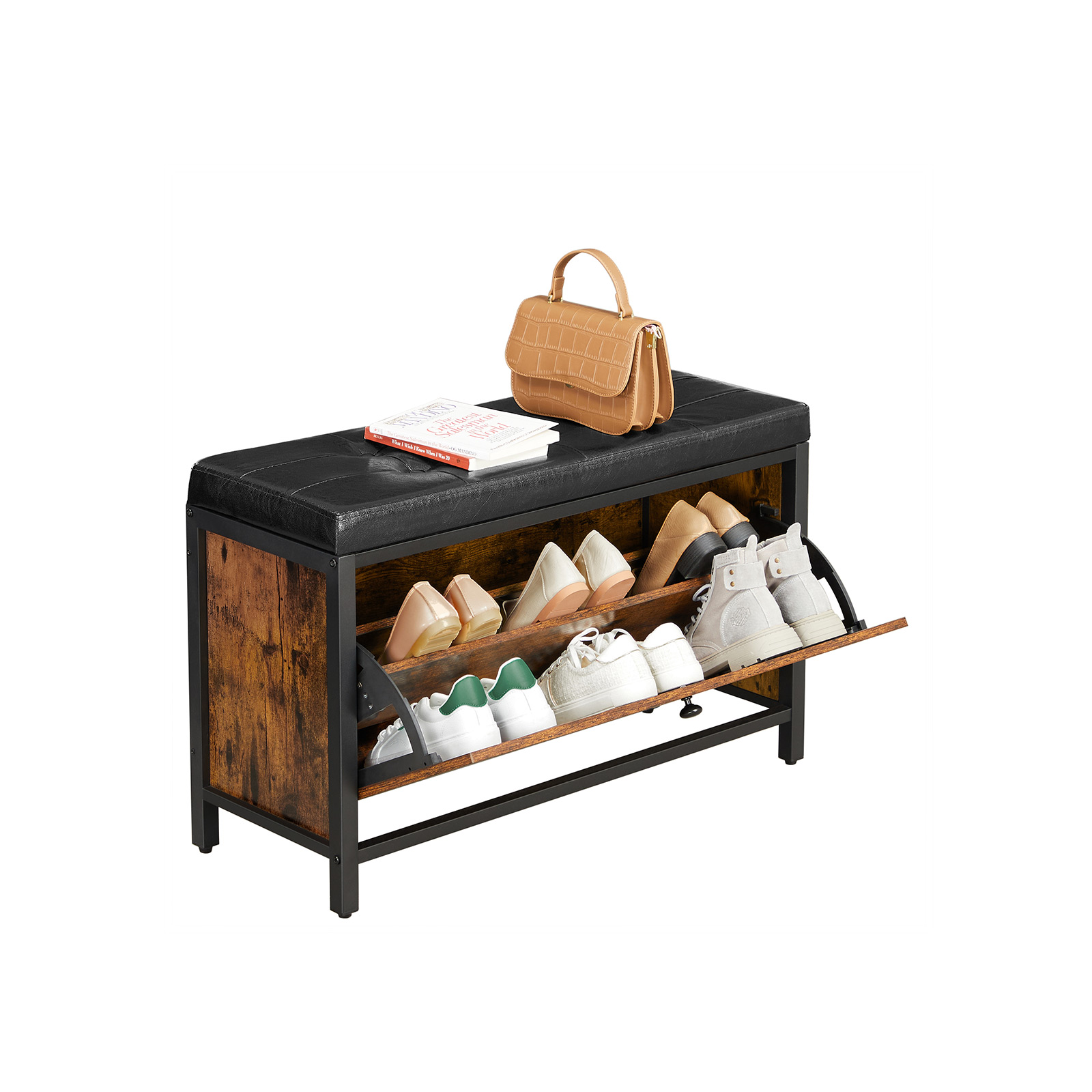 Shoe Bench Padded Shoe Organiser with Flap Shoe Cabinet for 6 Pairs of Shoes Steel Frame Industrial Design Vintage Brown/Black LSB049B01 - Image 6