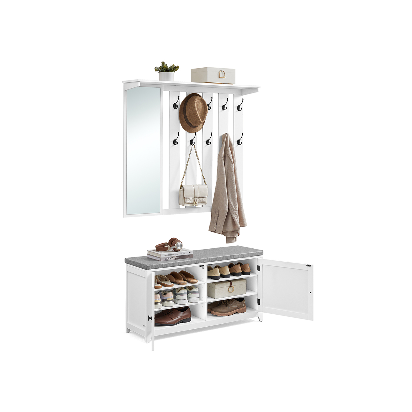 Shoe bench wall coat rack set with 10 double hooks 102 cm wide
