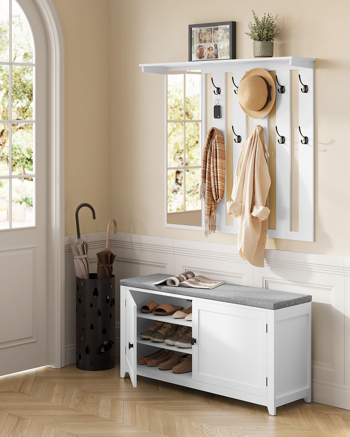 Shoe bench wall coat rack set with 10 double hooks 102 cm wide - Image 2
