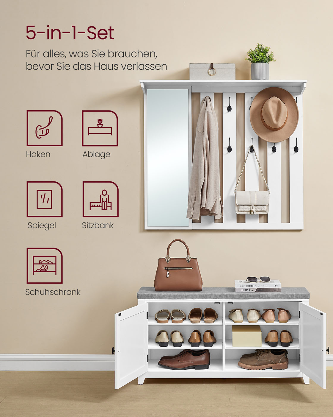 Shoe bench wall coat rack set with 10 double hooks 102 cm wide - Image 3