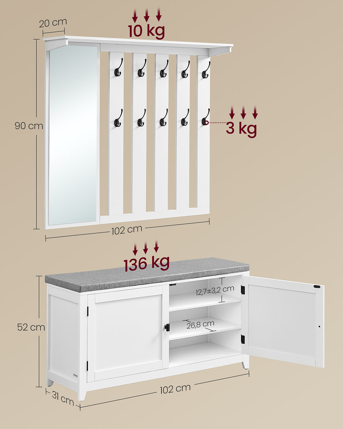 Shoe bench wall coat rack set with 10 double hooks 102 cm wide - Image 6