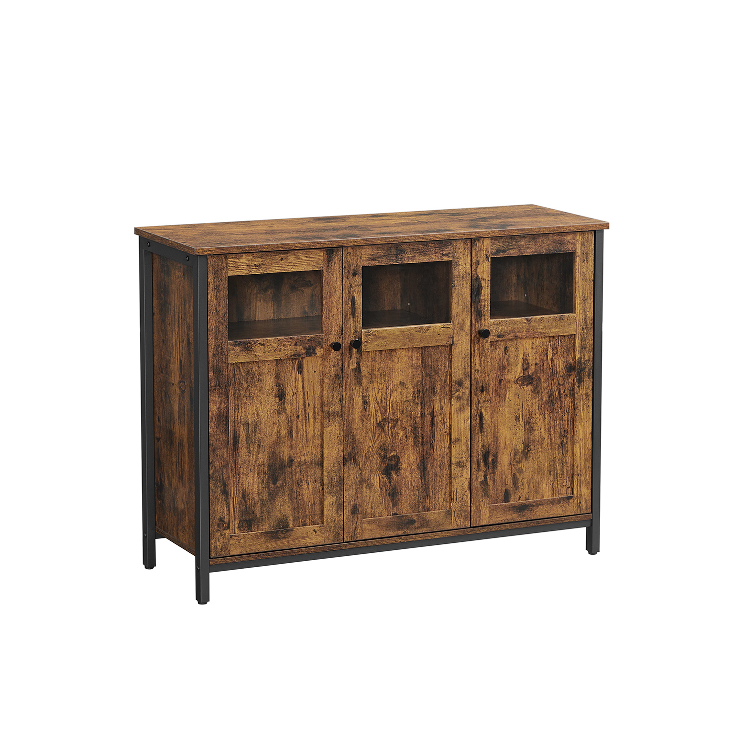 Sideboard, Buffet Table, Storage Cabinet with Glass Doors, Dining Room, Living Room, Hallway, Kitchen, Steel Frame, Industrial Style, Rustic Brown and Black