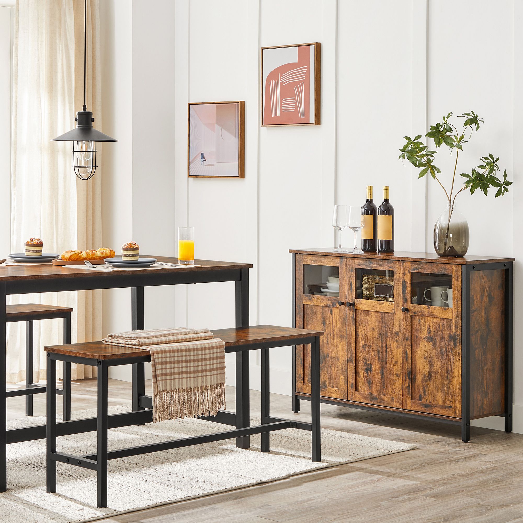 Sideboard, Buffet Table, Storage Cabinet with Glass Doors, Dining Room, Living Room, Hallway, Kitchen, Steel Frame, Industrial Style, Rustic Brown and Black - Image 2