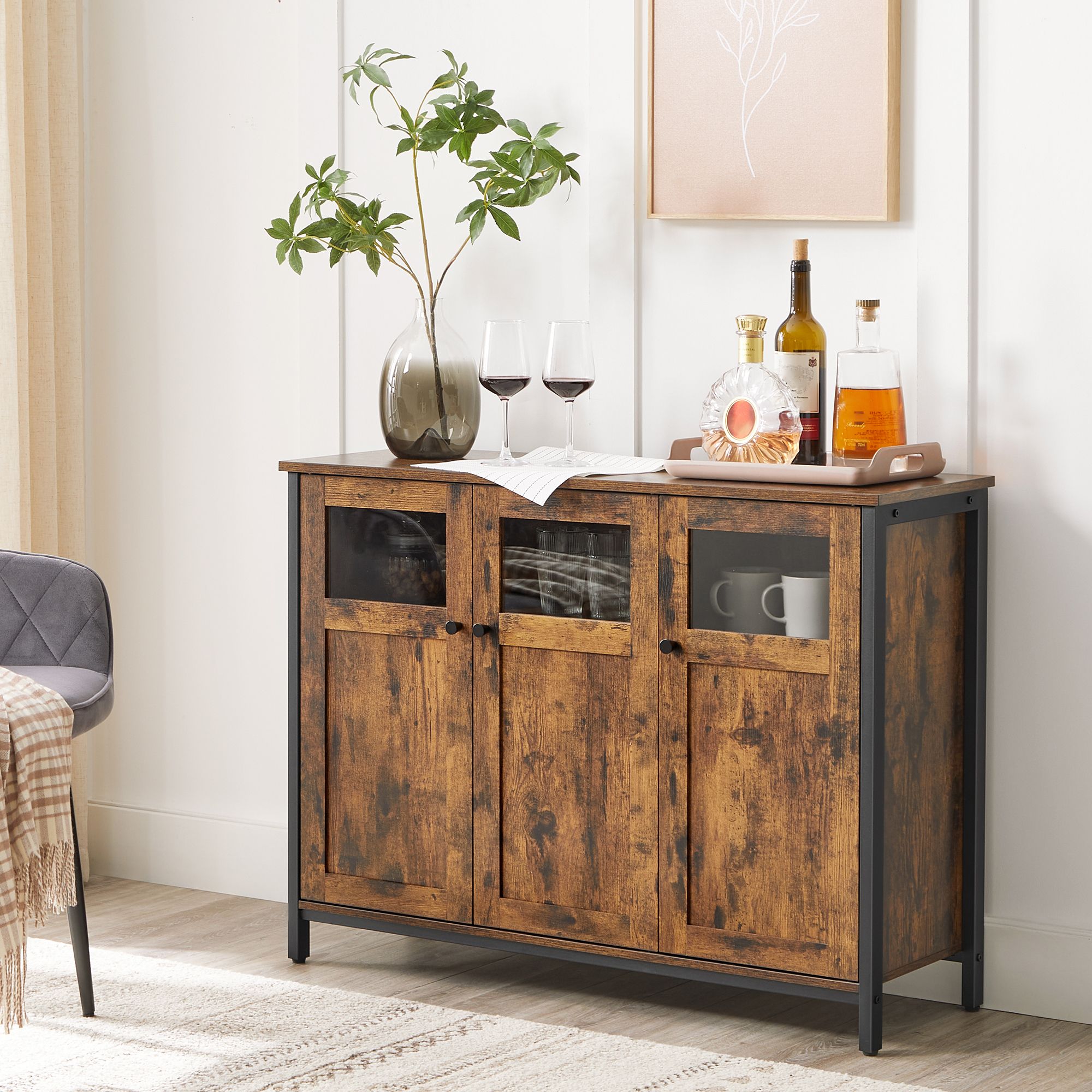 Sideboard, Buffet Table, Storage Cabinet with Glass Doors, Dining Room, Living Room, Hallway, Kitchen, Steel Frame, Industrial Style, Rustic Brown and Black - Image 3