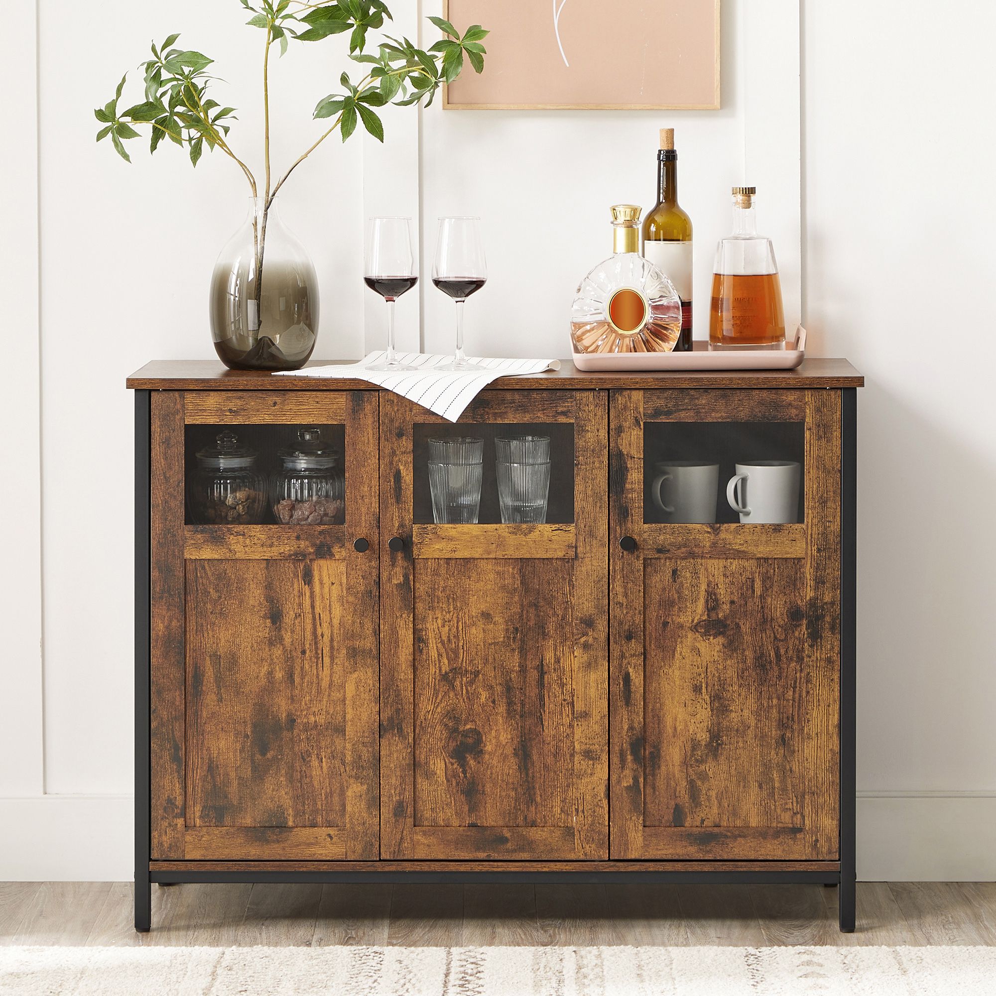 Sideboard, Buffet Table, Storage Cabinet with Glass Doors, Dining Room, Living Room, Hallway, Kitchen, Steel Frame, Industrial Style, Rustic Brown and Black - Image 4
