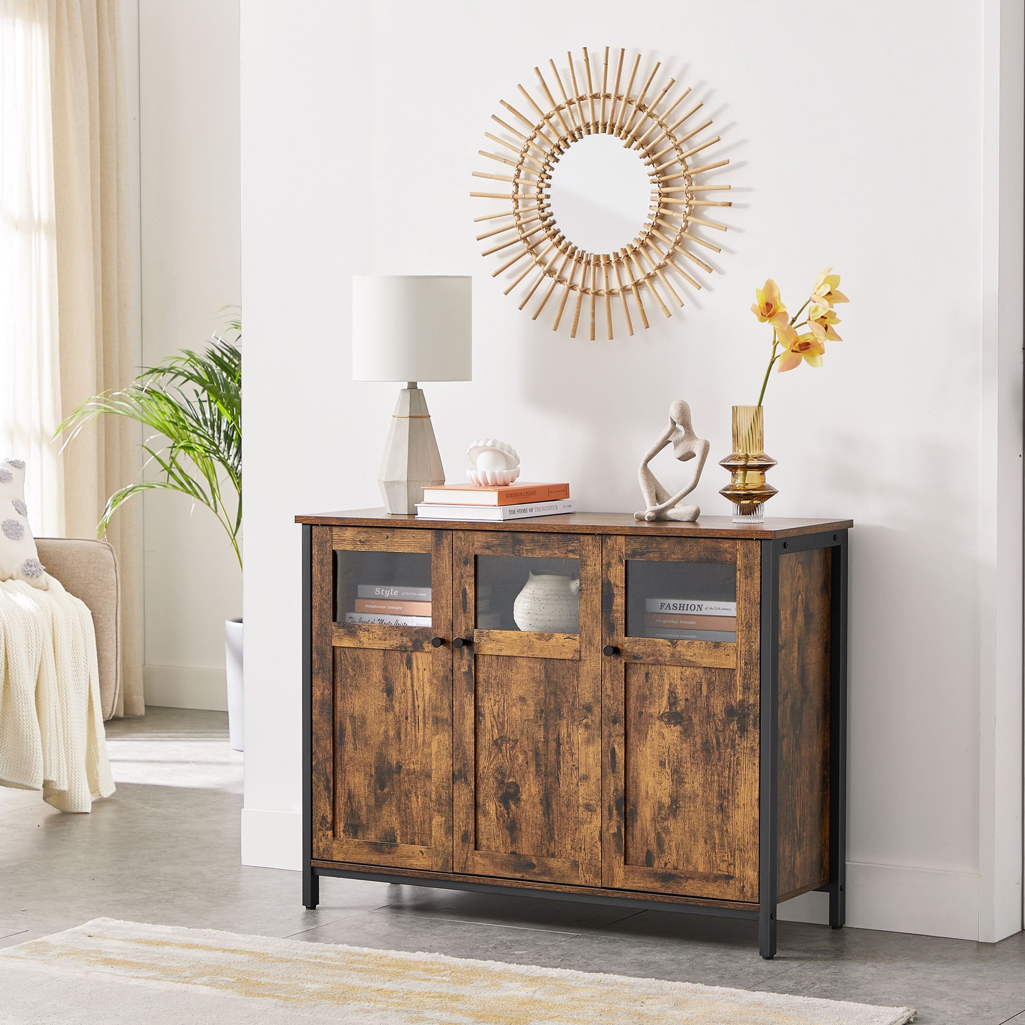 Sideboard, Buffet Table, Storage Cabinet with Glass Doors, Dining Room, Living Room, Hallway, Kitchen, Steel Frame, Industrial Style, Rustic Brown and Black - Image 5