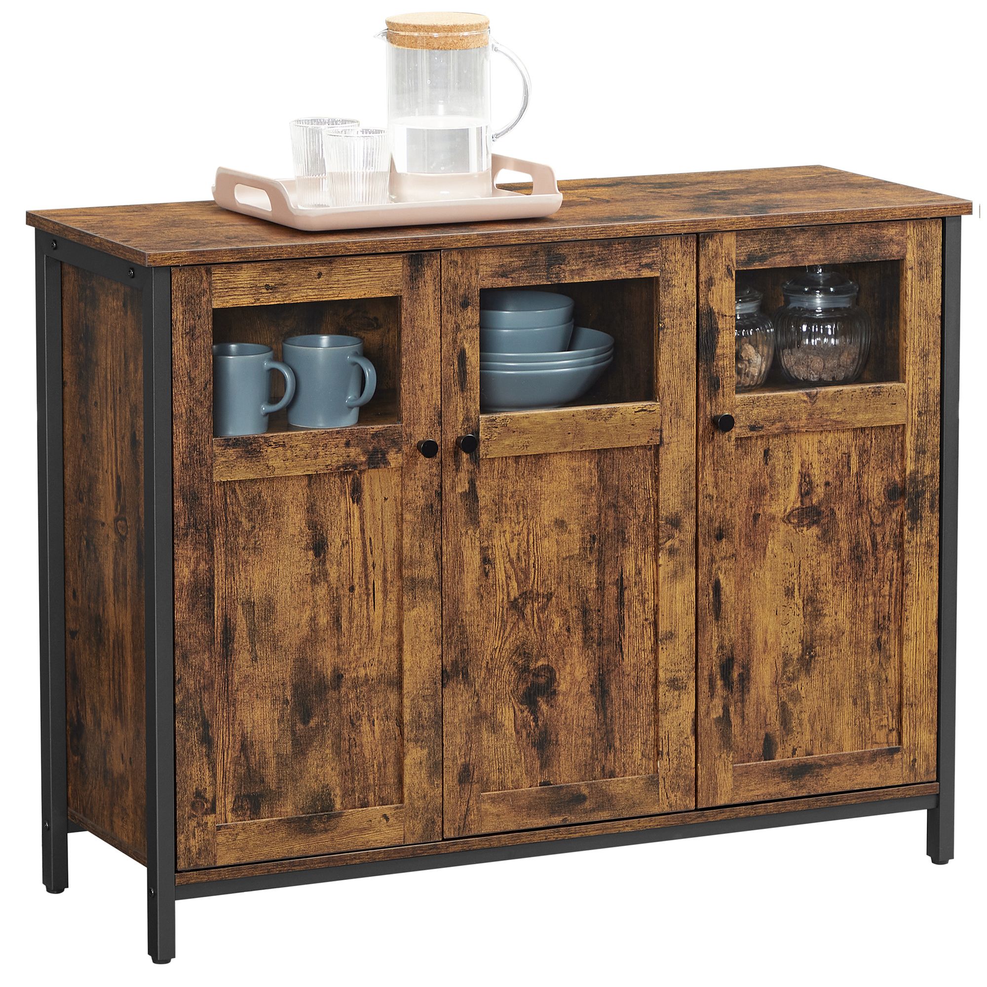 Sideboard, Buffet Table, Storage Cabinet with Glass Doors, Dining Room, Living Room, Hallway, Kitchen, Steel Frame, Industrial Style, Rustic Brown and Black - Image 6
