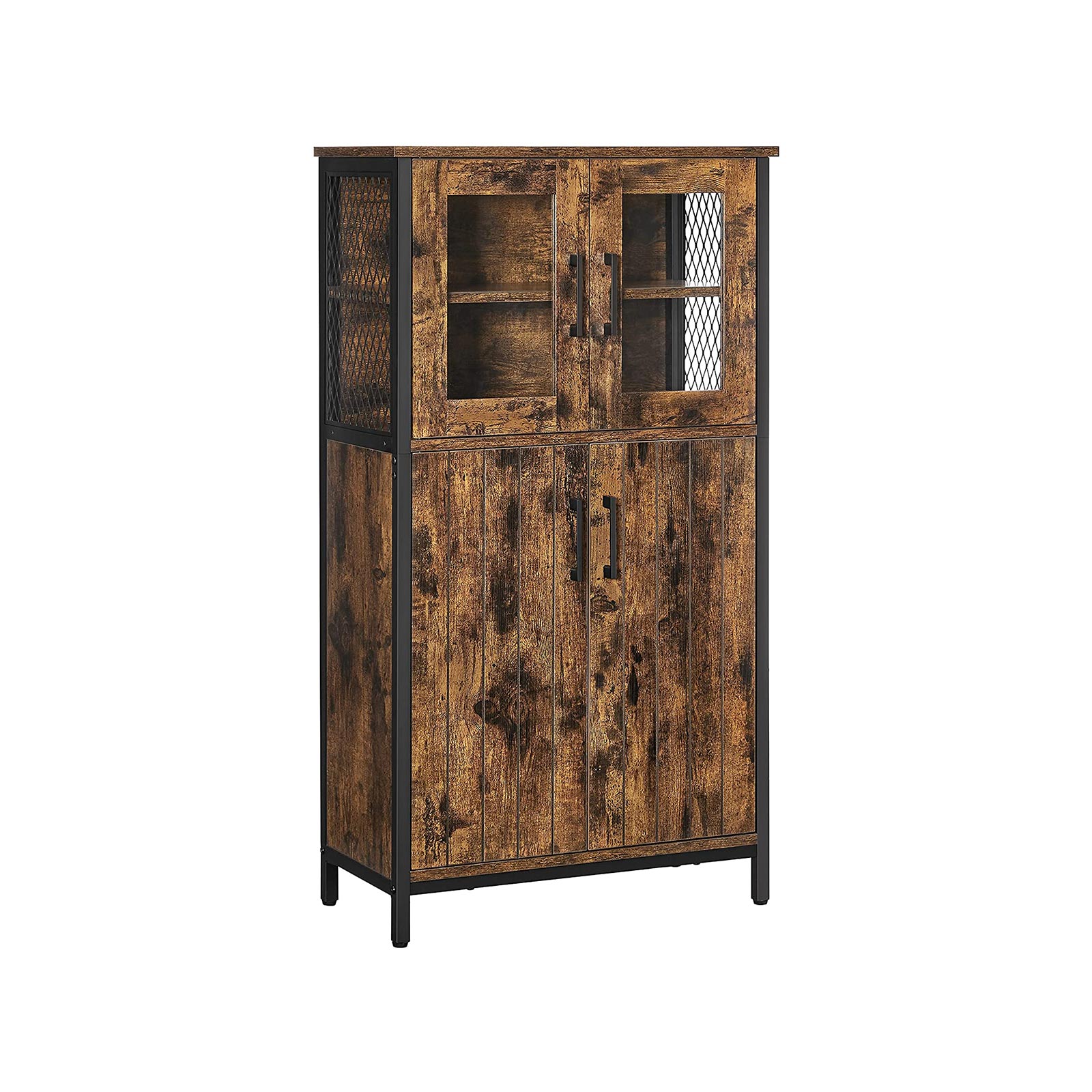Storage Cabinet, Multipurpose Cupboard, Sideboard, Adjustable Shelf, Bathroom Cabinet, Steel Frame, for Living Room Kitchen, Industrial Style, Rustic Brown and Black LSC260B01