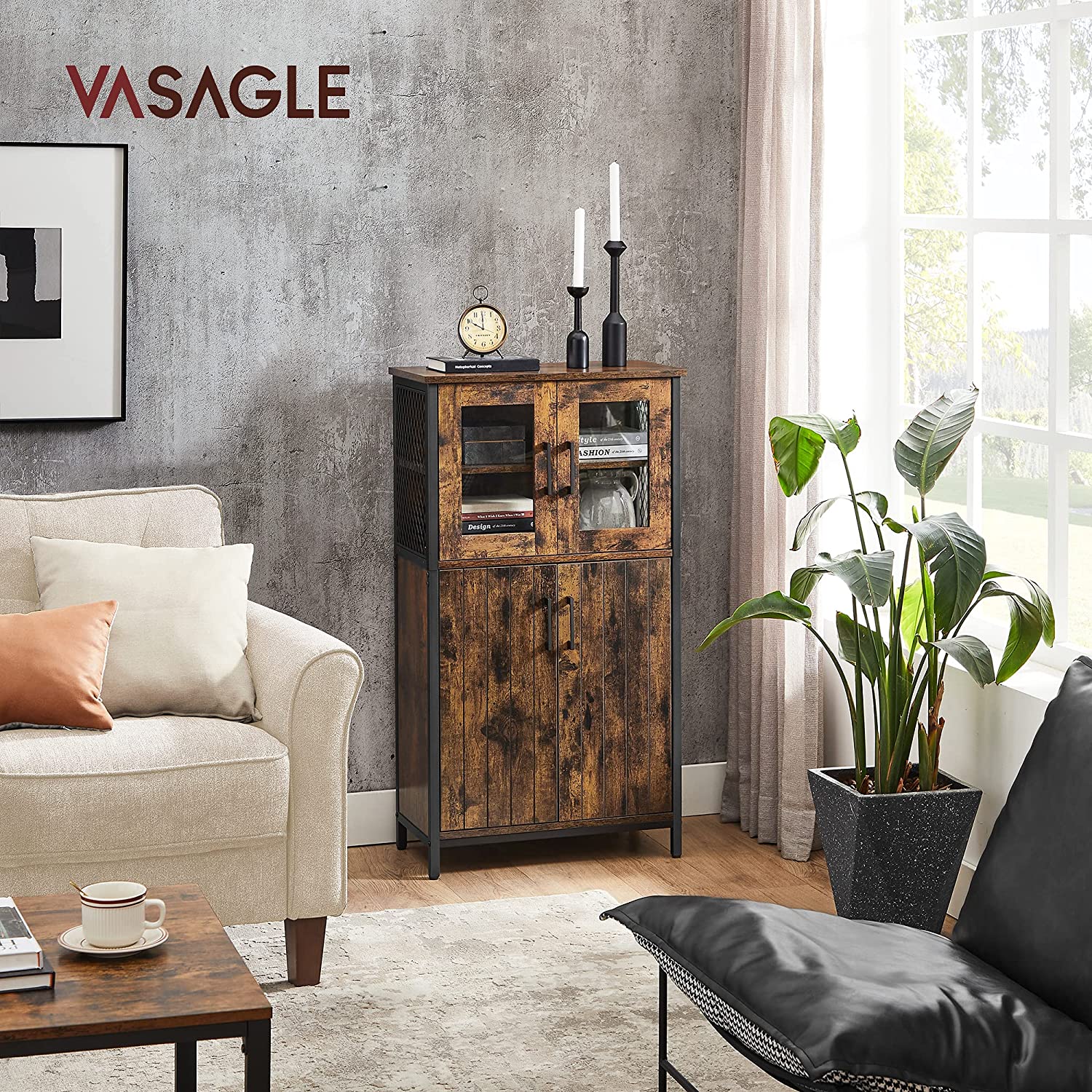 Storage Cabinet, Multipurpose Cupboard, Sideboard, Adjustable Shelf, Bathroom Cabinet, Steel Frame, for Living Room Kitchen, Industrial Style, Rustic Brown and Black LSC260B01 - Image 2