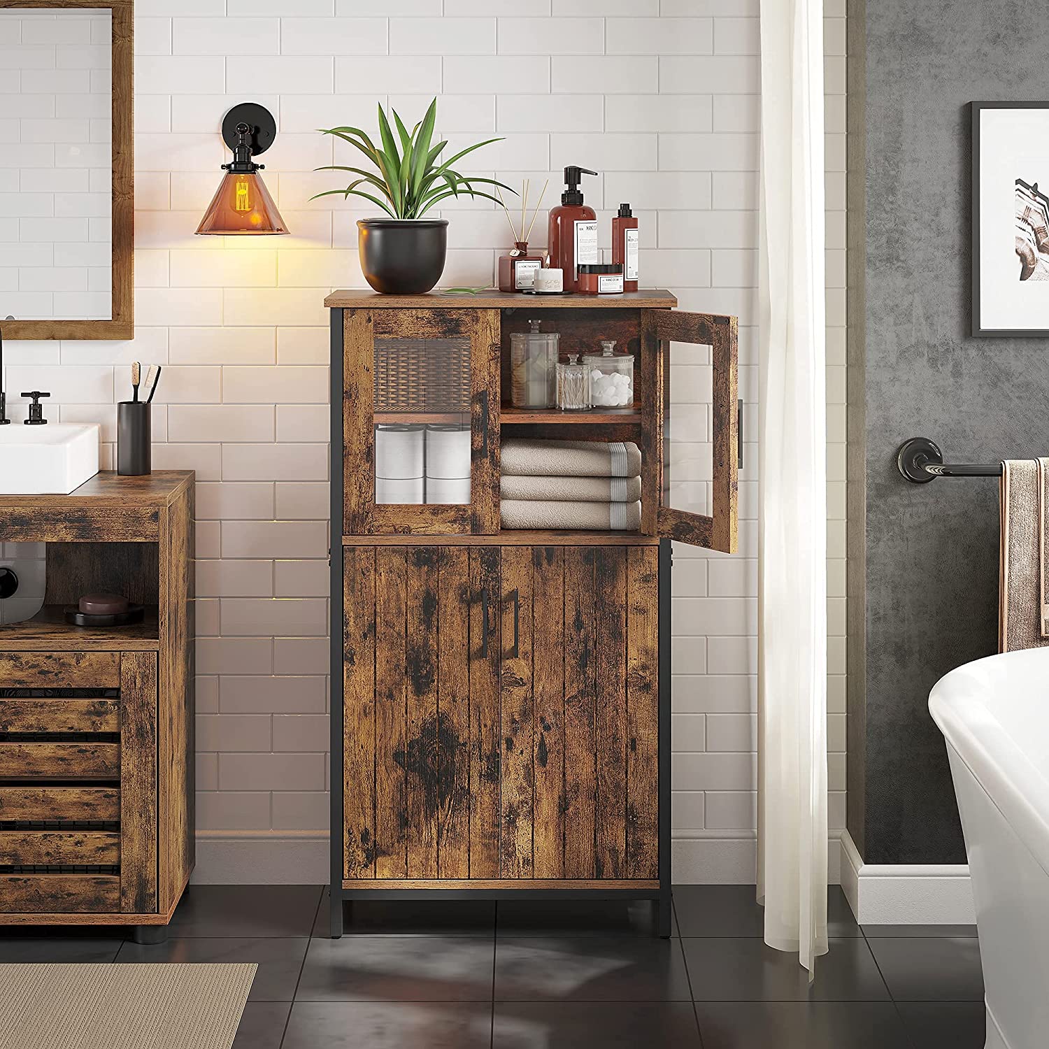 Storage Cabinet, Multipurpose Cupboard, Sideboard, Adjustable Shelf, Bathroom Cabinet, Steel Frame, for Living Room Kitchen, Industrial Style, Rustic Brown and Black LSC260B01 - Image 3