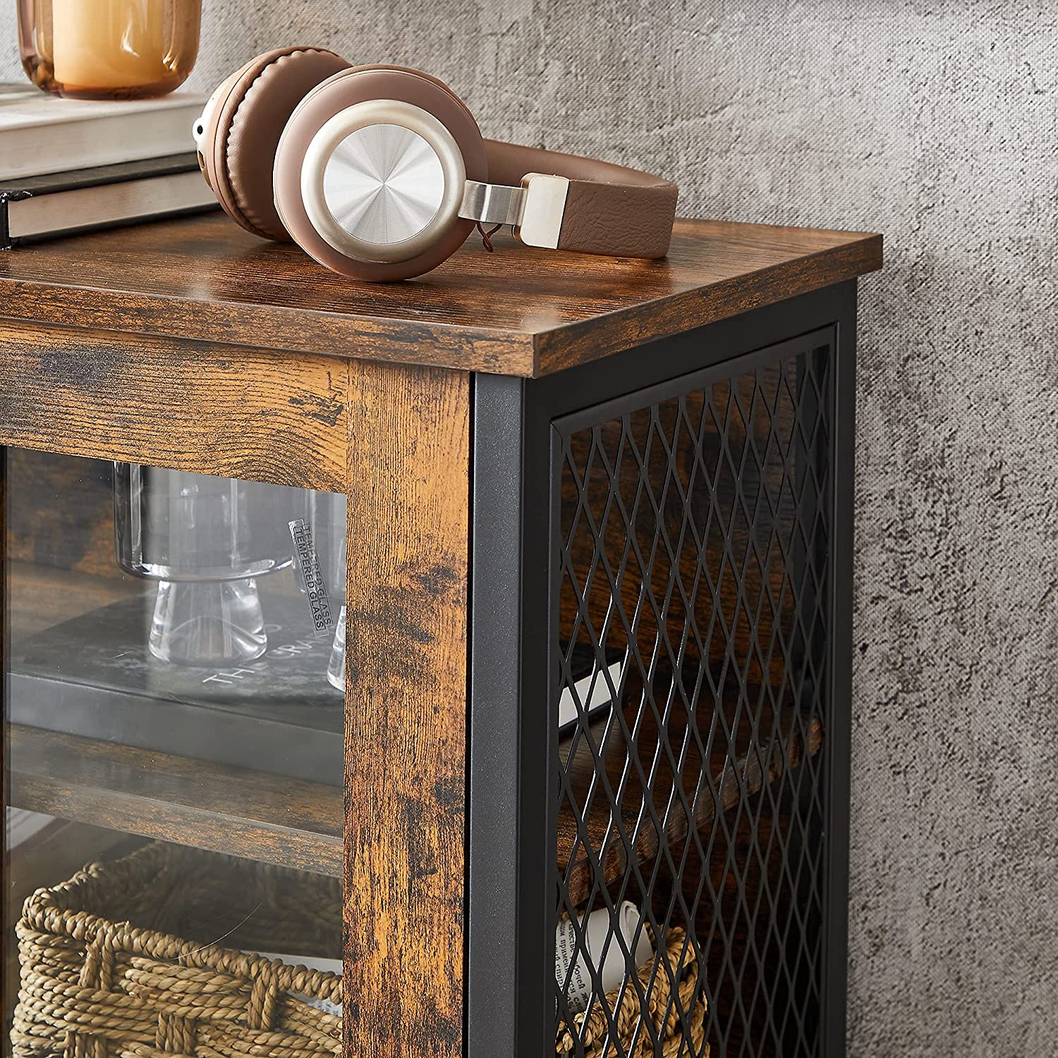 Storage Cabinet, Multipurpose Cupboard, Sideboard, Adjustable Shelf, Bathroom Cabinet, Steel Frame, for Living Room Kitchen, Industrial Style, Rustic Brown and Black LSC260B01 - Image 4