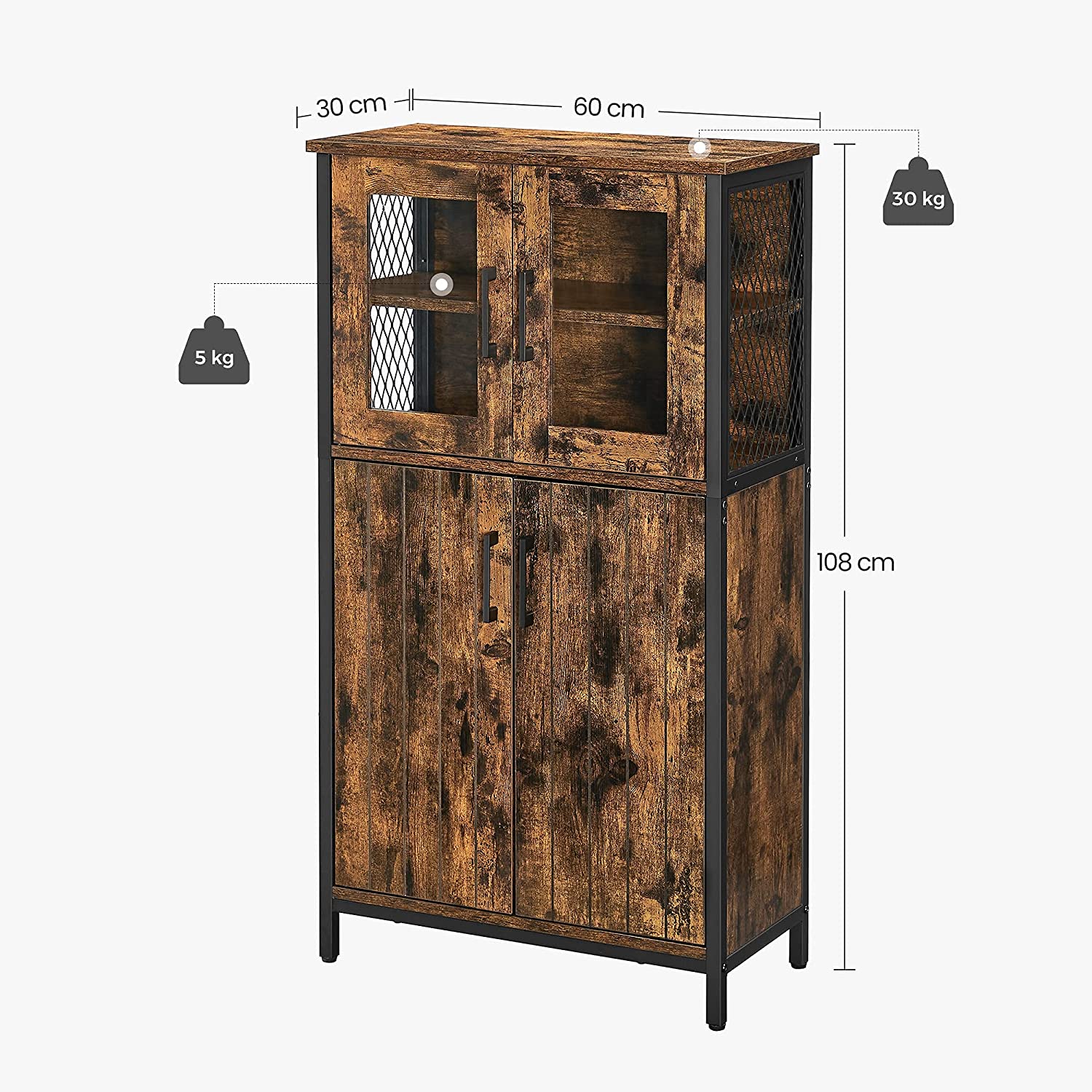 Storage Cabinet, Multipurpose Cupboard, Sideboard, Adjustable Shelf, Bathroom Cabinet, Steel Frame, for Living Room Kitchen, Industrial Style, Rustic Brown and Black LSC260B01 - Image 5