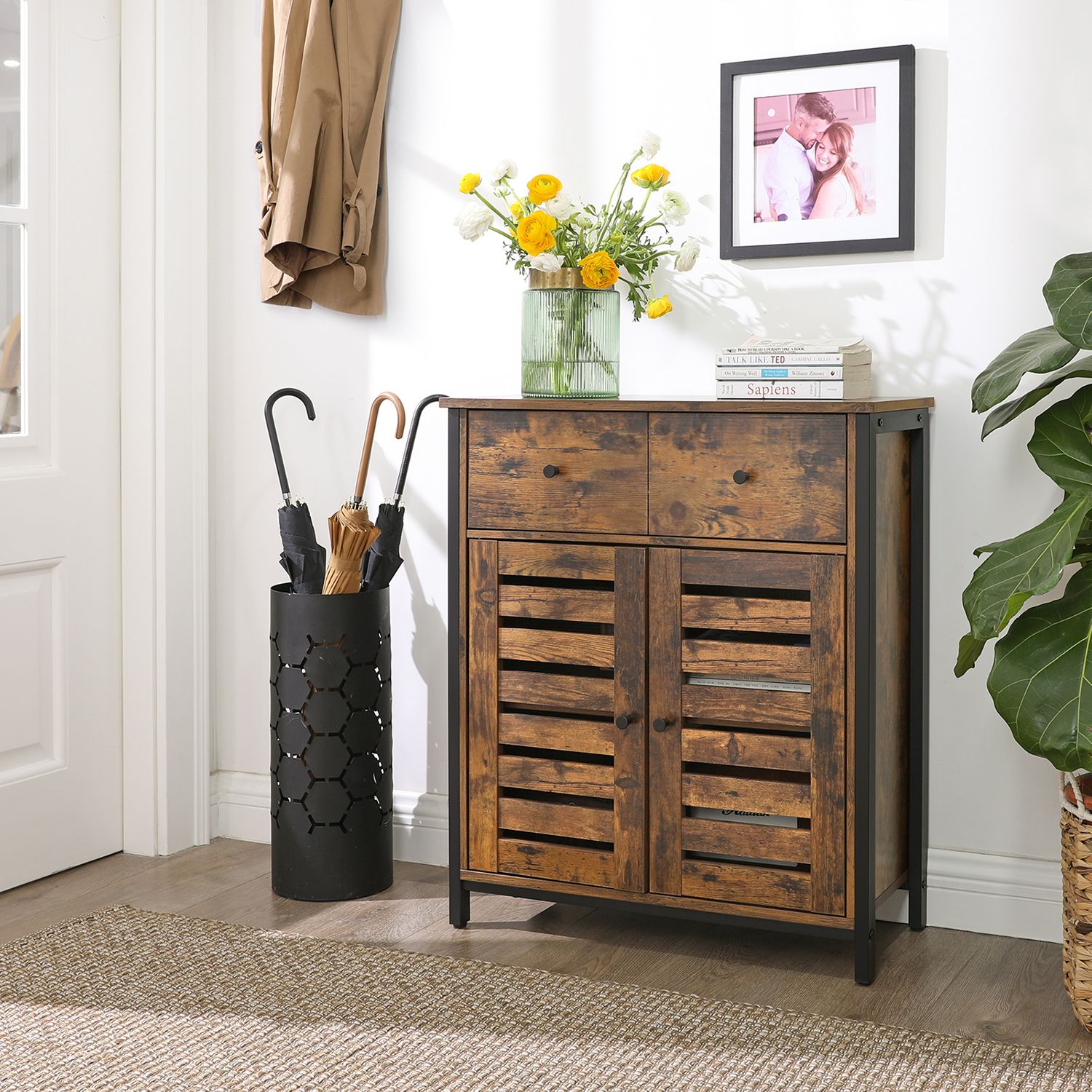 Floor Cabinet, Freestanding Cabinet with 1 Drawer and Shelf, Kitchen Storage Cabinet, Louvered Doors, for Living Room, Hallway, Office, Bedroom, Rustic Brown - Image 2
