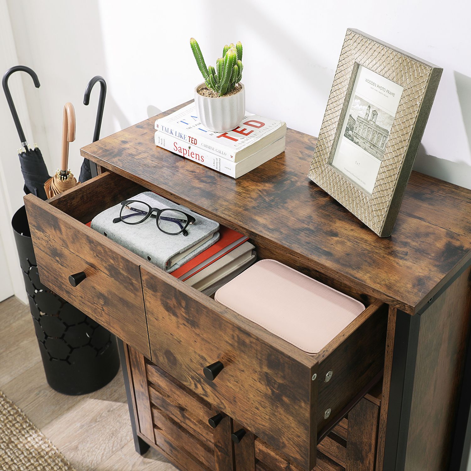 Floor Cabinet, Freestanding Cabinet with 1 Drawer and Shelf, Kitchen Storage Cabinet, Louvered Doors, for Living Room, Hallway, Office, Bedroom, Rustic Brown - Image 3
